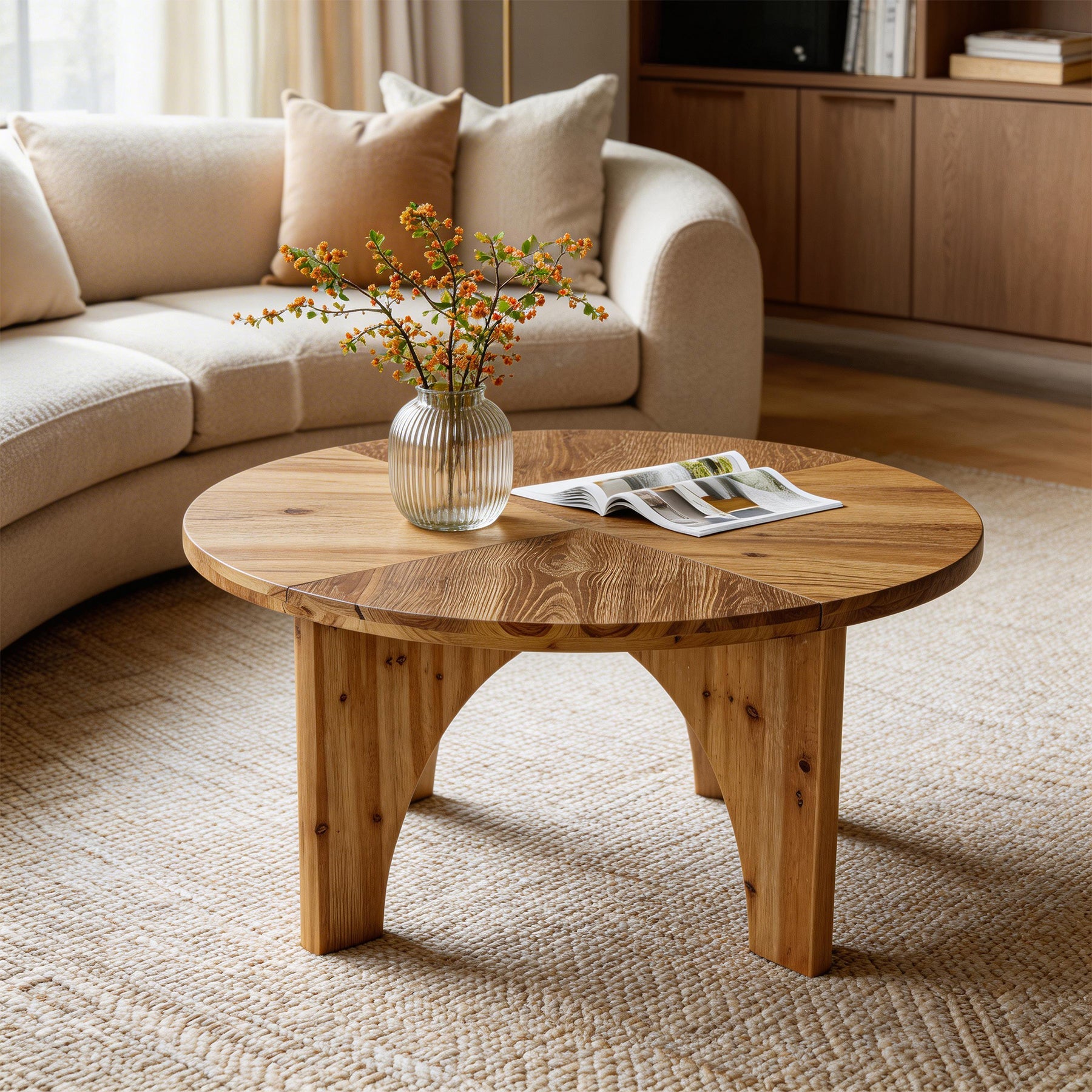 Tribesigns Table basse ronde en bois massif 80 cm, Style campagnard avec pieds incurvés