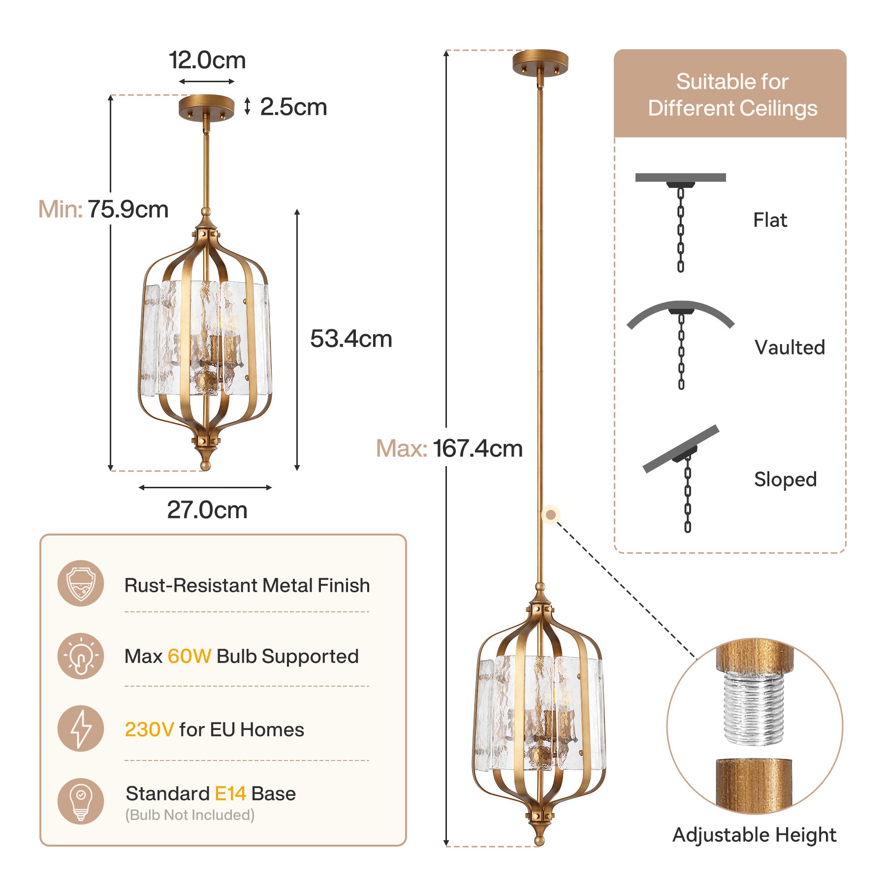 Tribesigns Suspension pour table à manger, lampe suspendue dorée vintage Ø27 cm, hauteur réglable