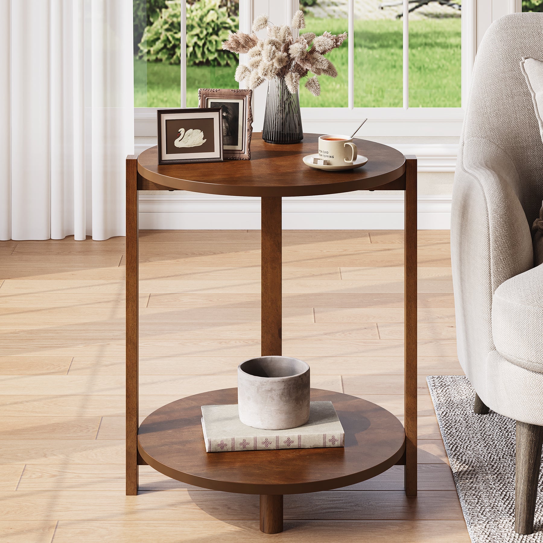 Tribesigns Table d'appoint ronde en bois massif 48 cm, Petite table de chevet à 2 niveaux avec étagère