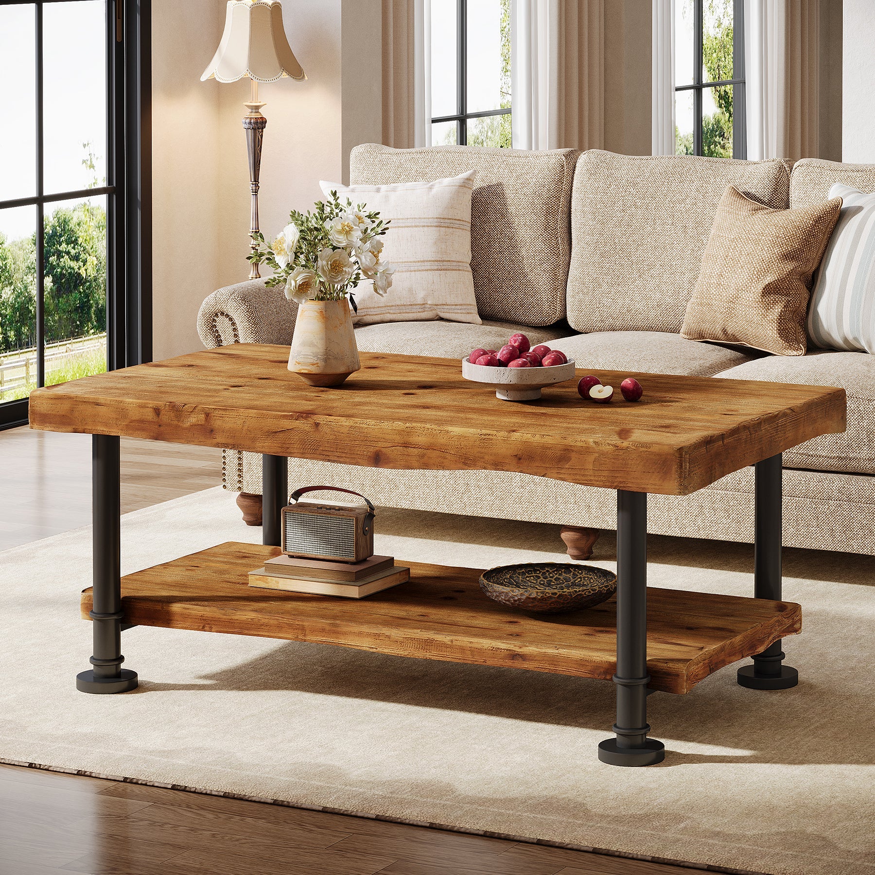 Tribesigns Table basse rectangulaire 120 cm 2 niveaux en bois massif avec bords naturels et pieds en métal