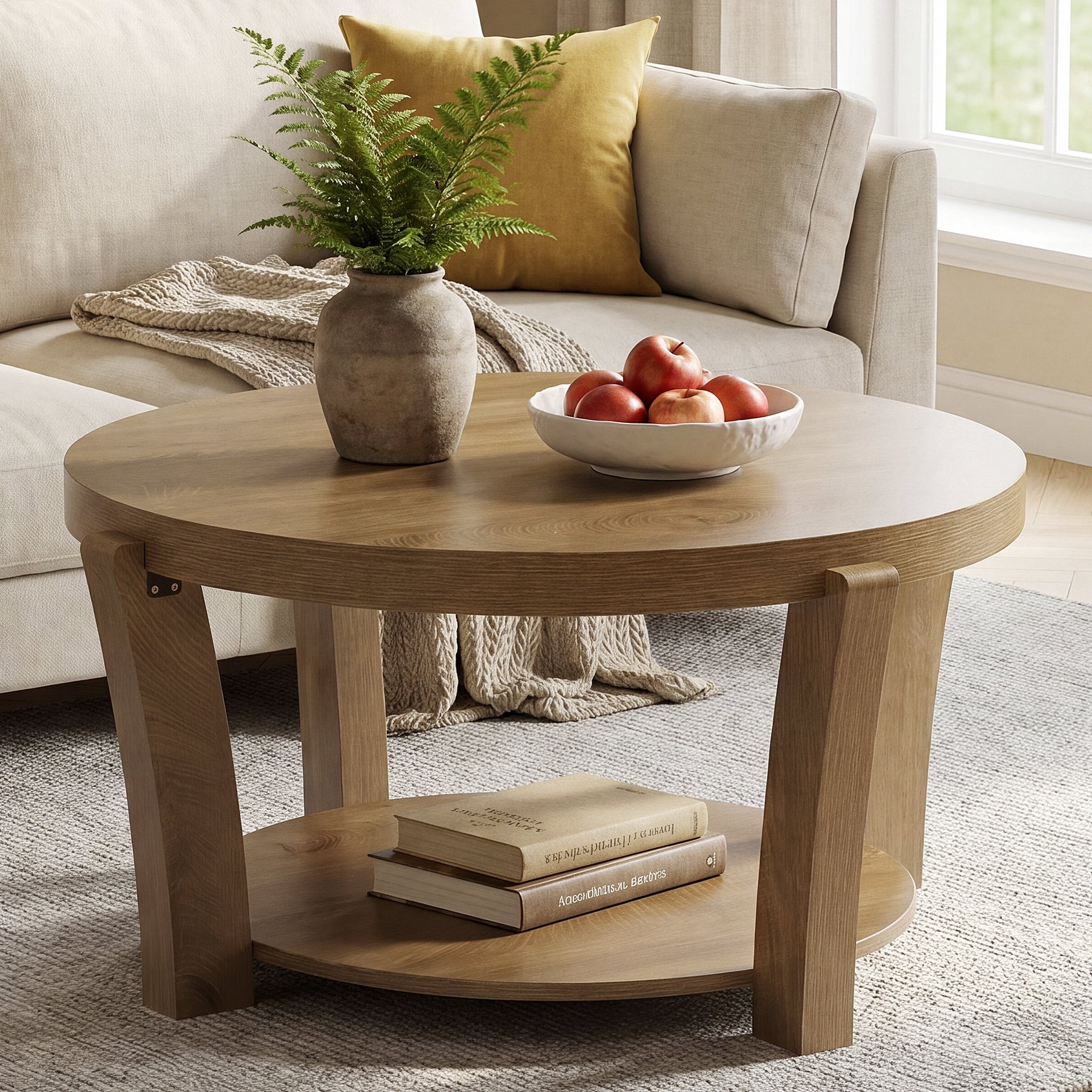 Tribesigns Table basse ronde de 80 cm avec rangement à deux niveaux, Table basse en bois pour salon