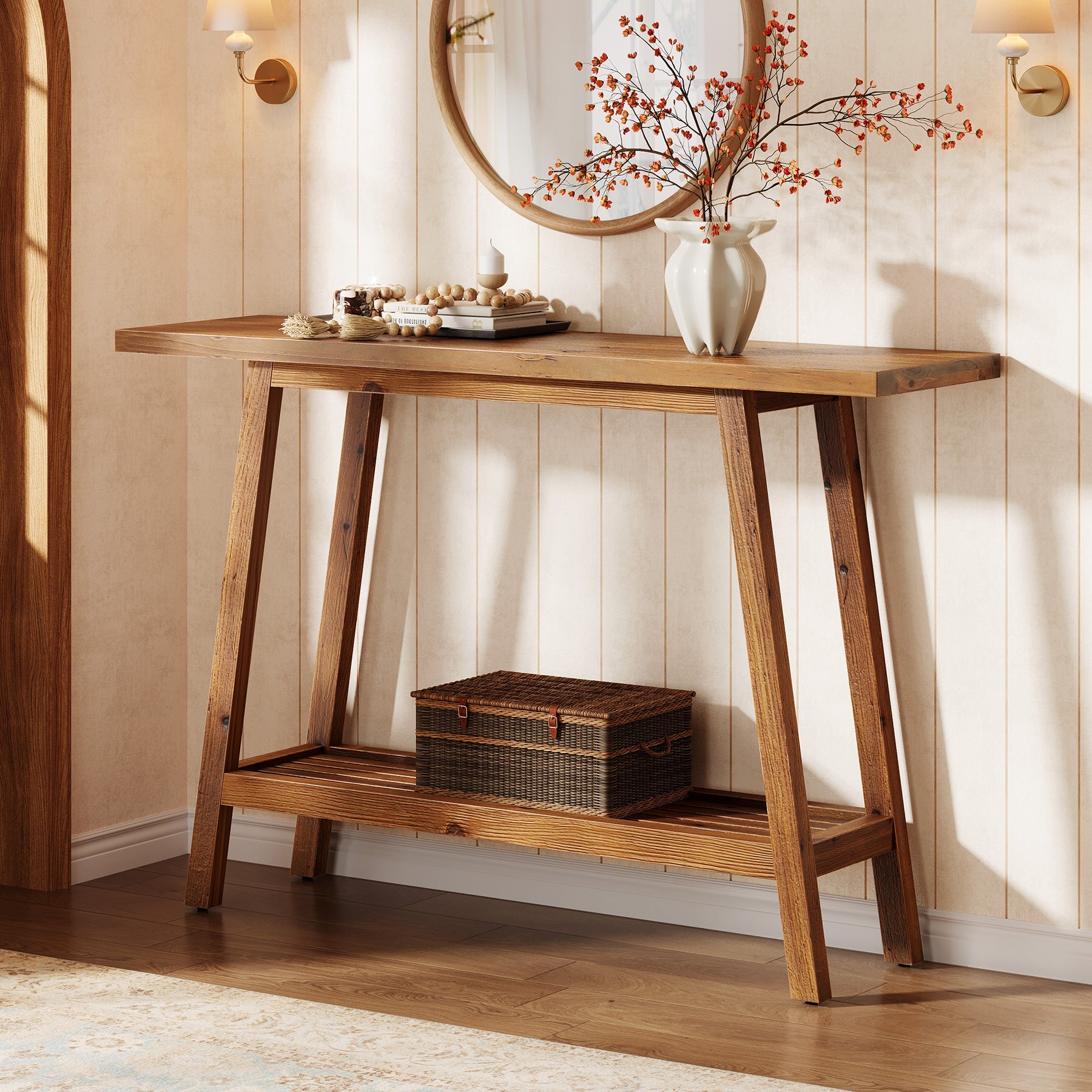 Tribesigns Console en bois massif 105 cm de large avec étagère, Table basse avec rangement style champêtre