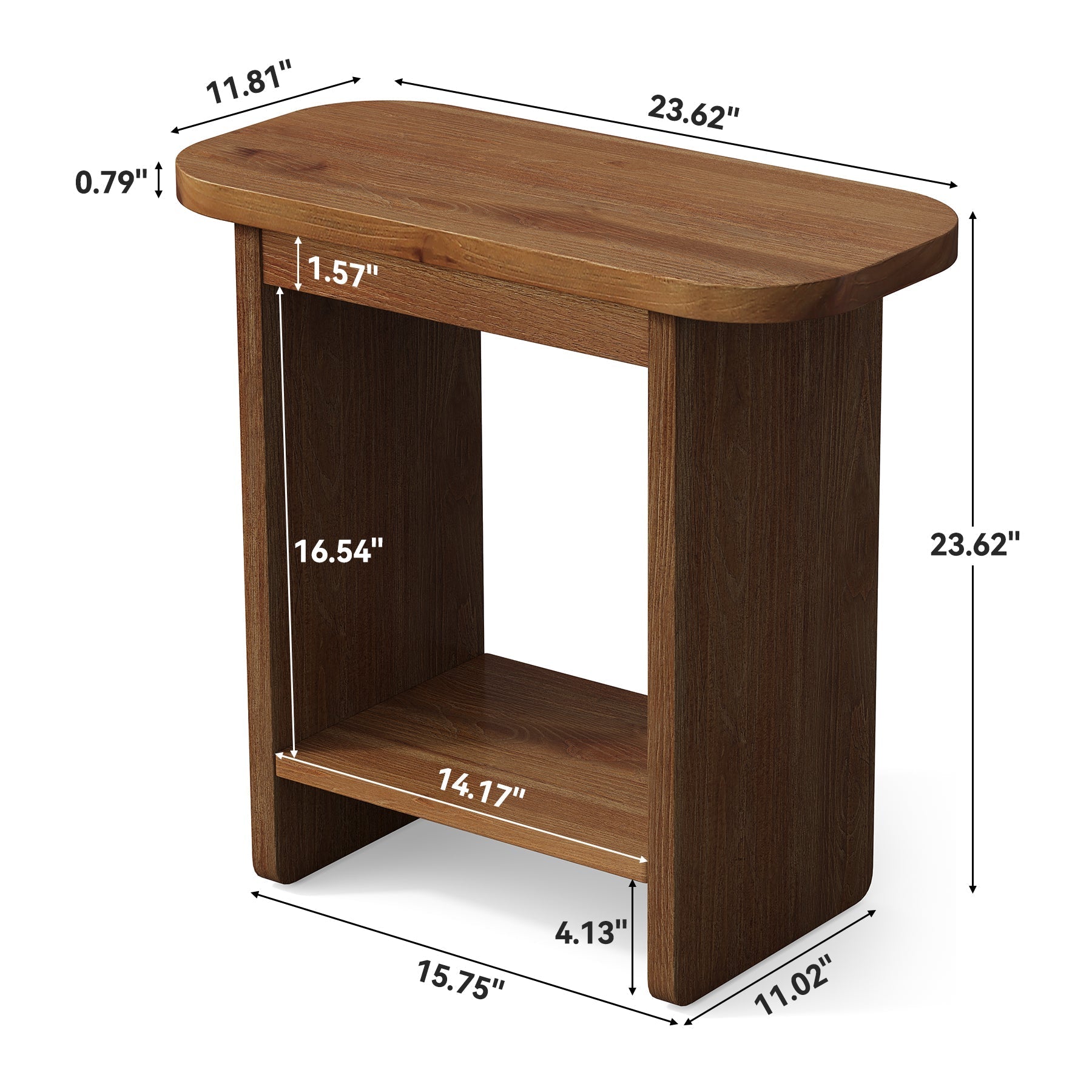 Table d'appoint en bois massif en forme de H à deux niveaux avec étagère de rangement