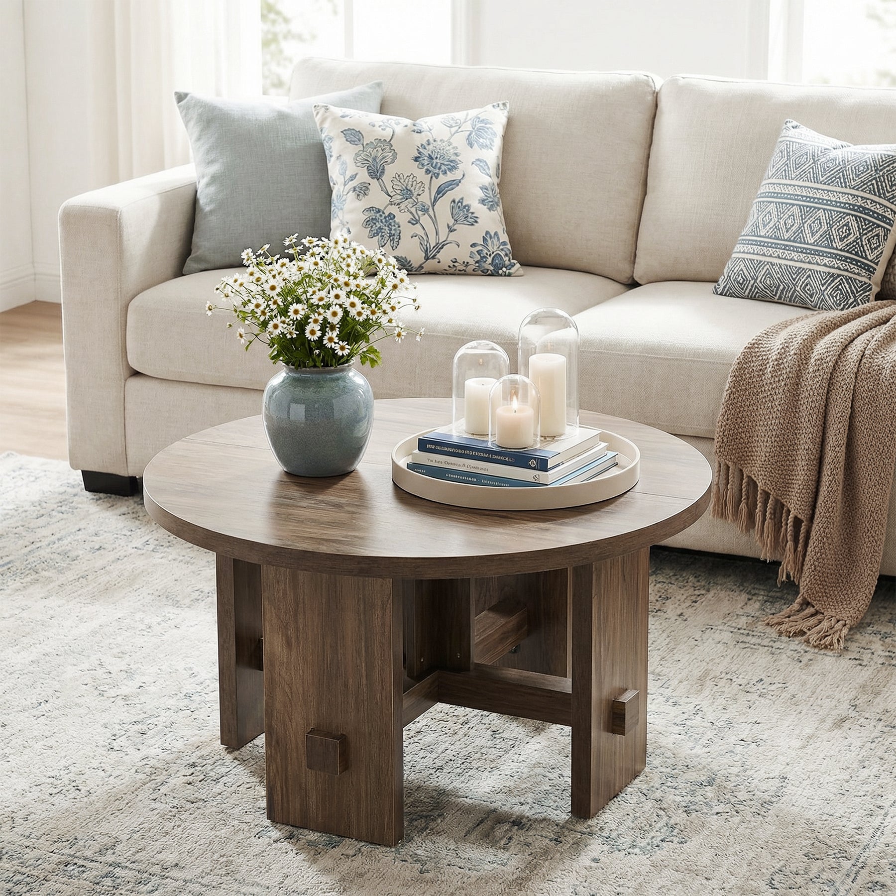 Tribesigns Table basse ronde de 80 cm avec piètement, Petite table de style campagnard