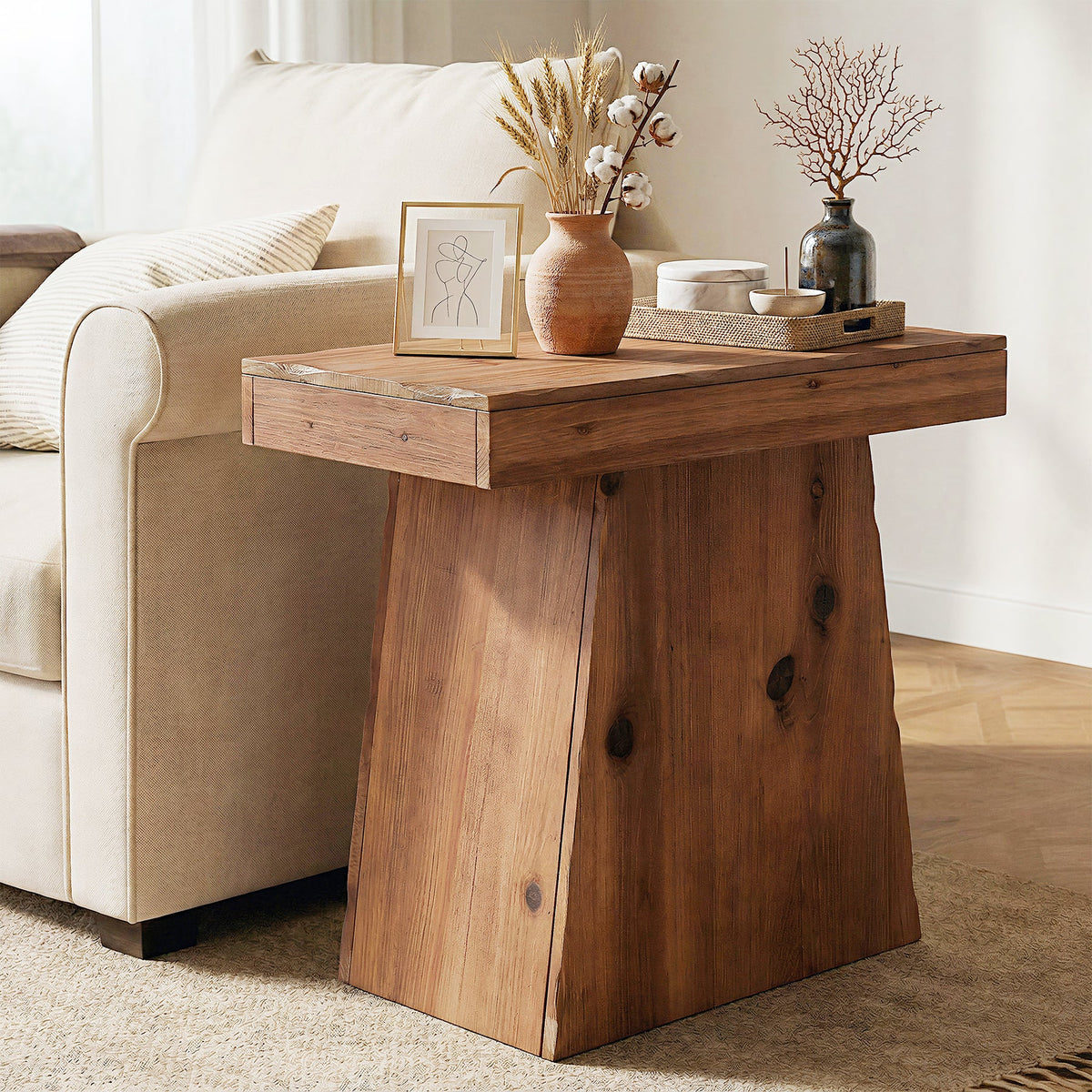 Tribesigns Table d'appoint en bois massif (60 cm), Table en bois avec piètement trapézoïdal