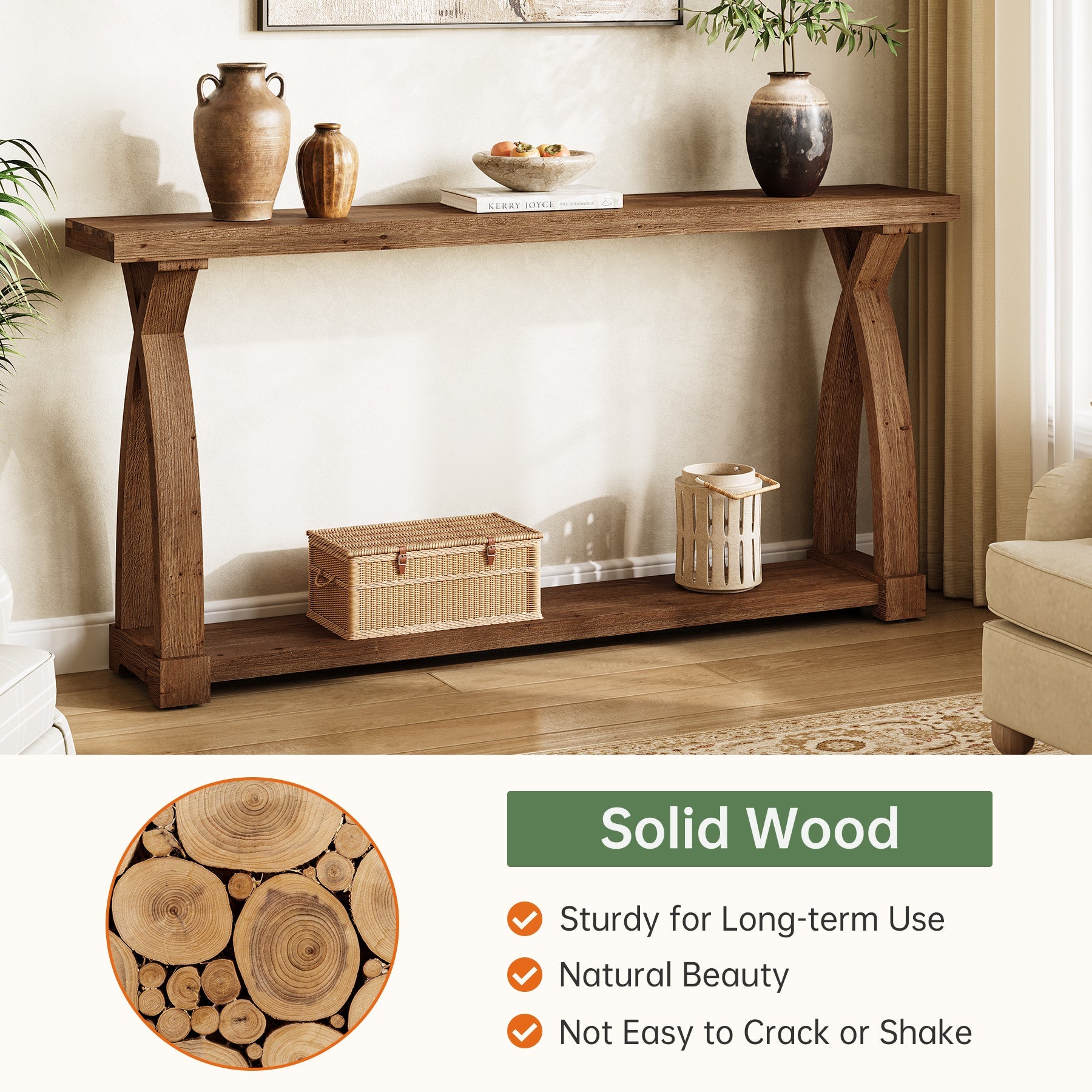 160 x 30 cm Tribesigns massief houten consoletafel met 2-laags opbergplank, smalle sidetable achter de bank