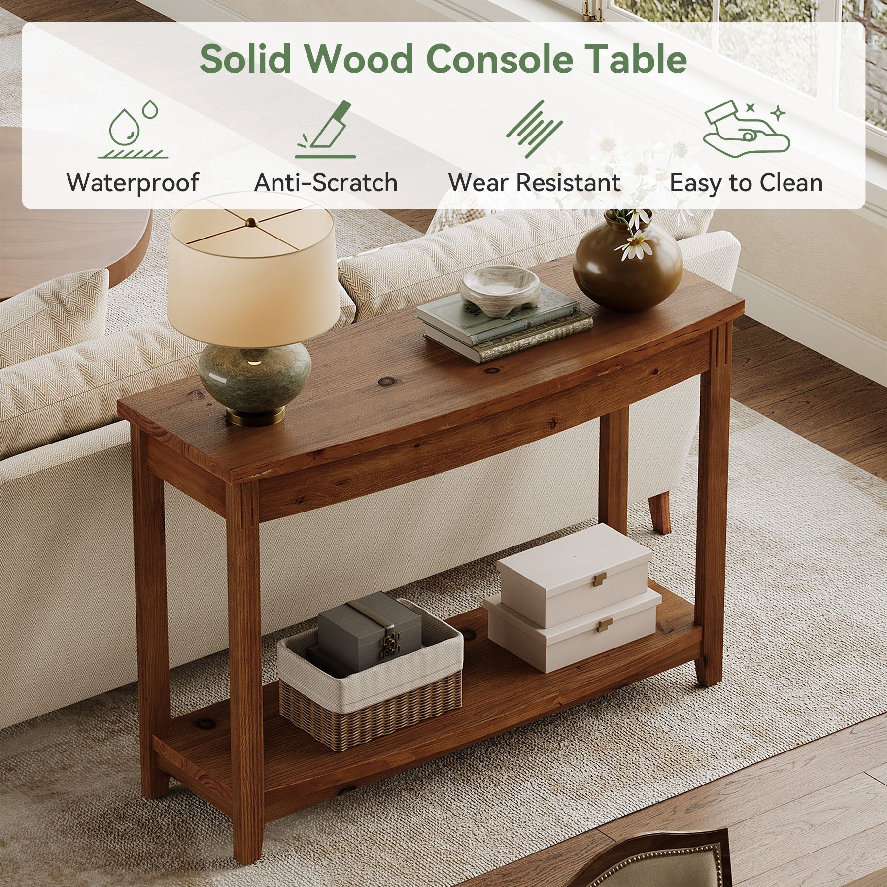 Tribesigns Console en bois massif de 105 cm, Table d'entrée de style campagnard avec étagère