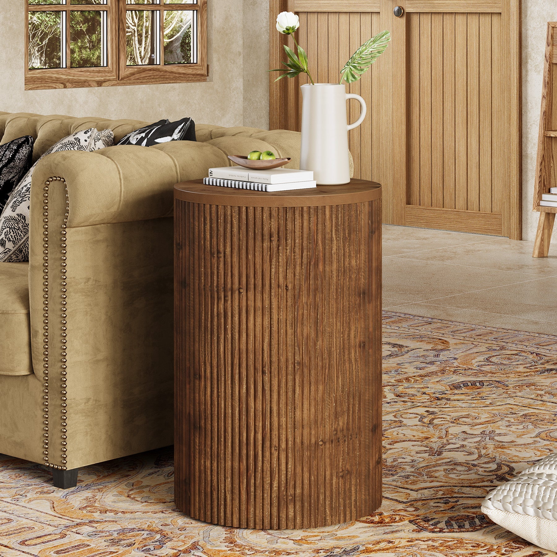 Table d'appoint ronde en bois massif avec rangement, Table d'appoint rainurée à monter soi-même, avec 4 roulettes