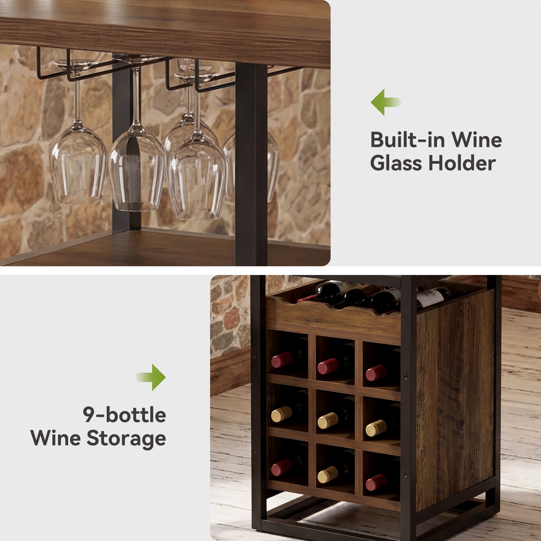 Tribesigns Table de bar 95 cm avec rangement, Table bistro étroite avec étagères, casier à vin et porte-verres