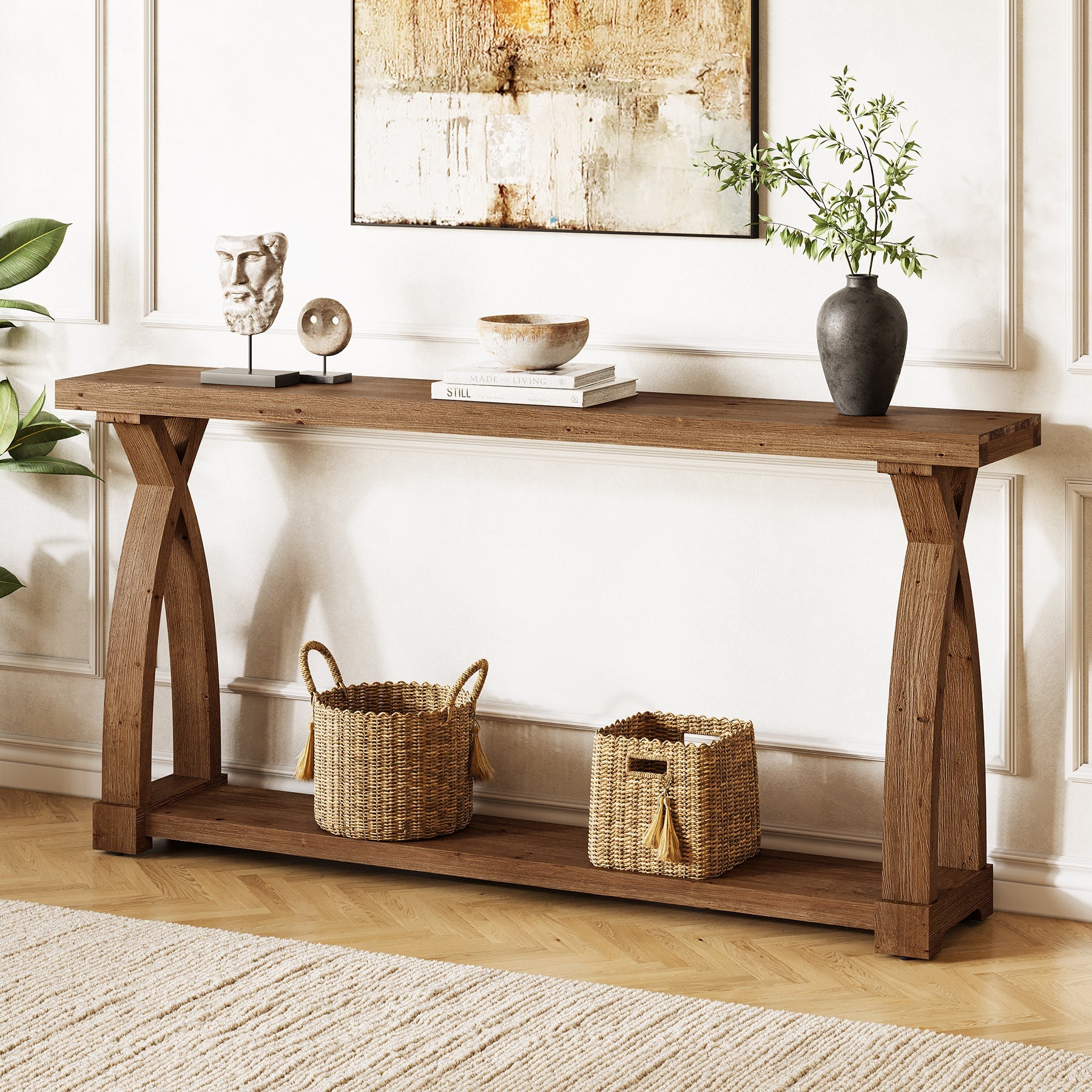 160 x 30 cm Tribesigns massief houten consoletafel met 2-laags opbergplank, smalle sidetable achter de bank