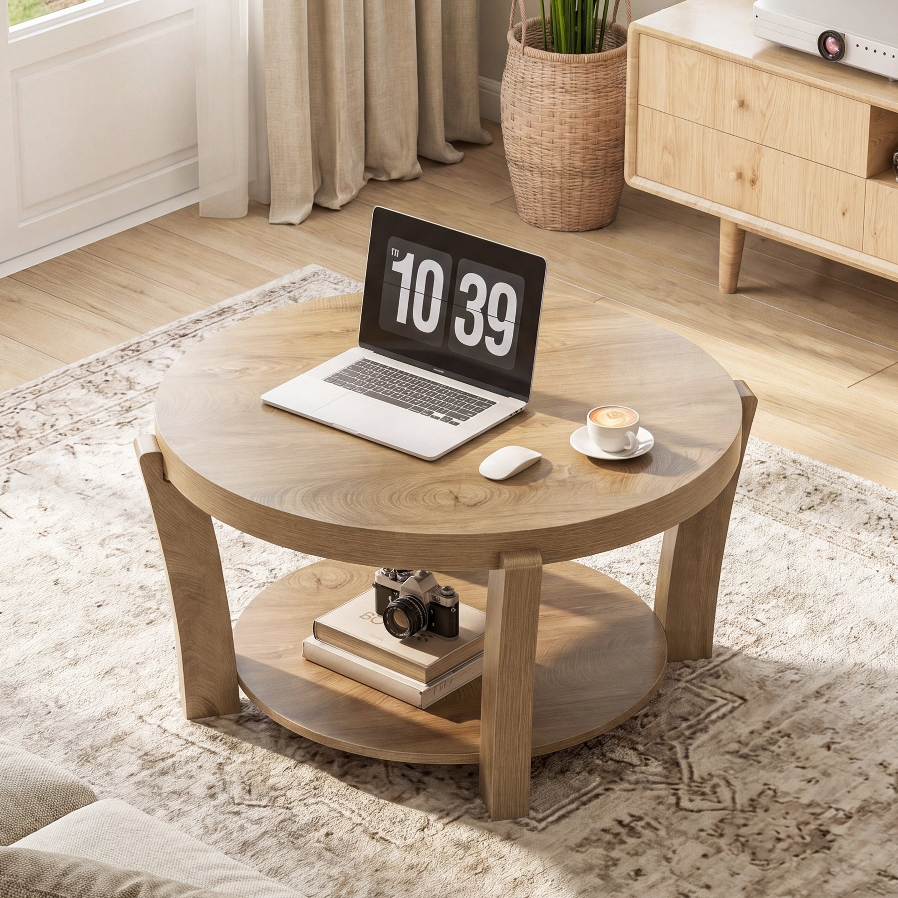 Tribesigns Table basse ronde de 80 cm avec rangement à deux niveaux, Table basse en bois pour salon