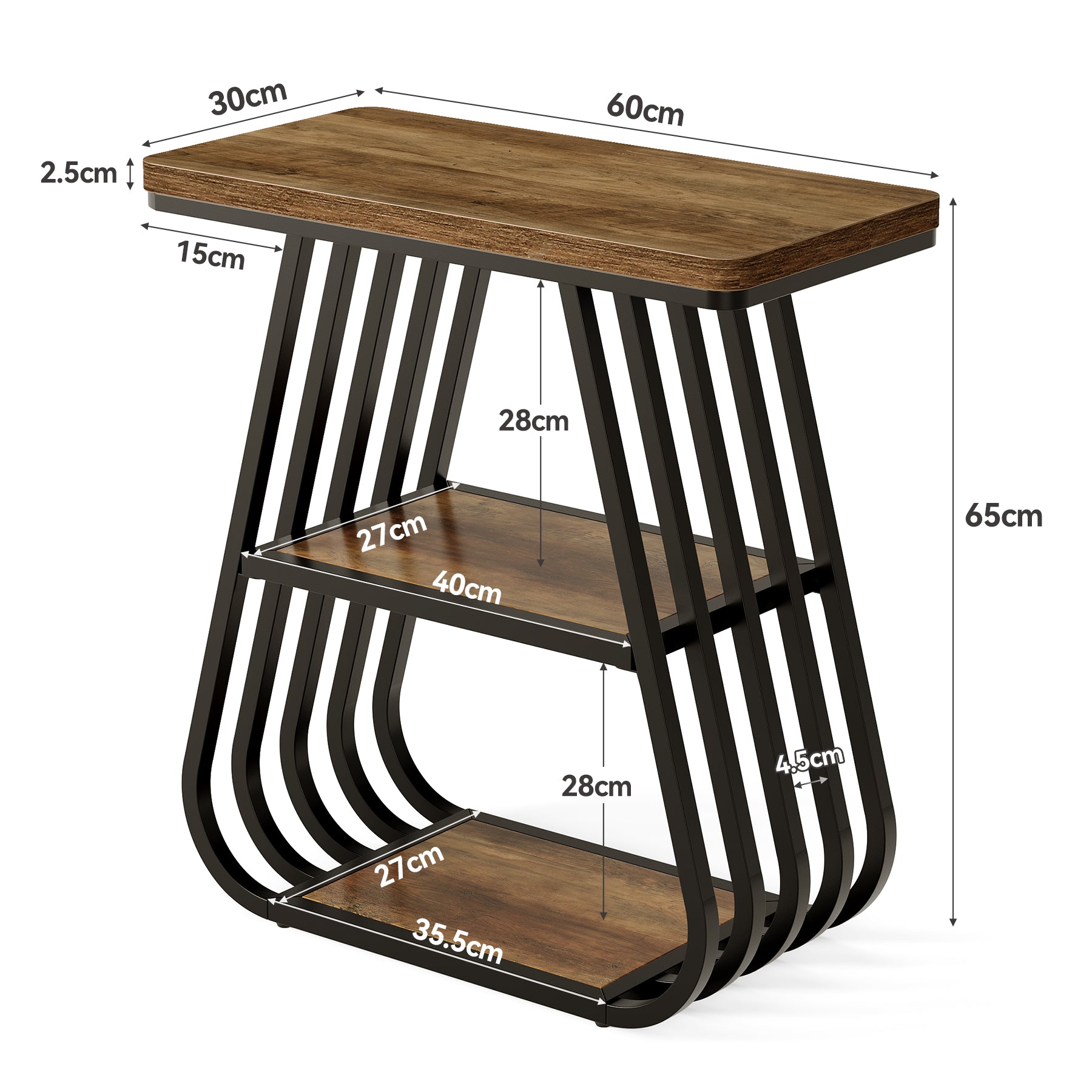 Tribesigns Table d'appoint de 60 cm pour salon, Table étroite à 3 niveaux avec étagère de rangement