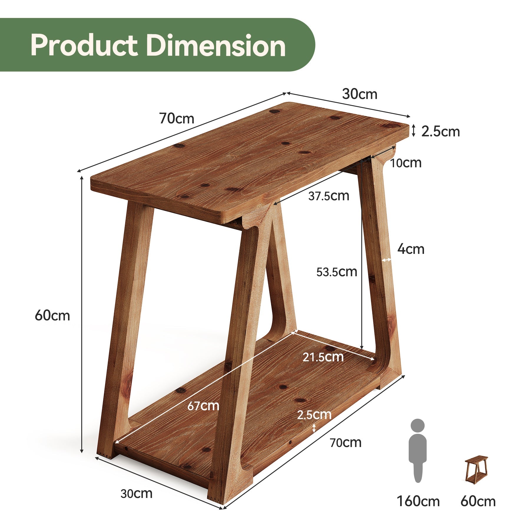 Tribesigns Table d'appoint en bois massif 2 niveaux, Table de chevet étroite de style champêtre