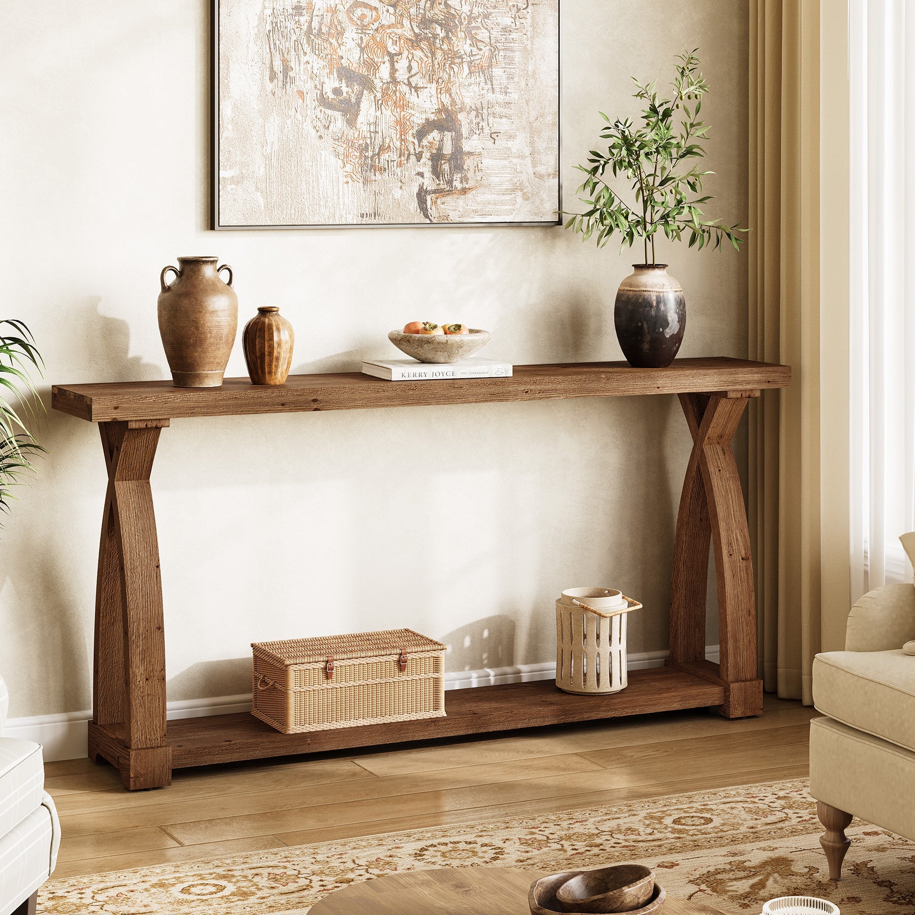 160 x 30 cm Tribesigns massief houten consoletafel met 2-laags opbergplank, smalle sidetable achter de bank
