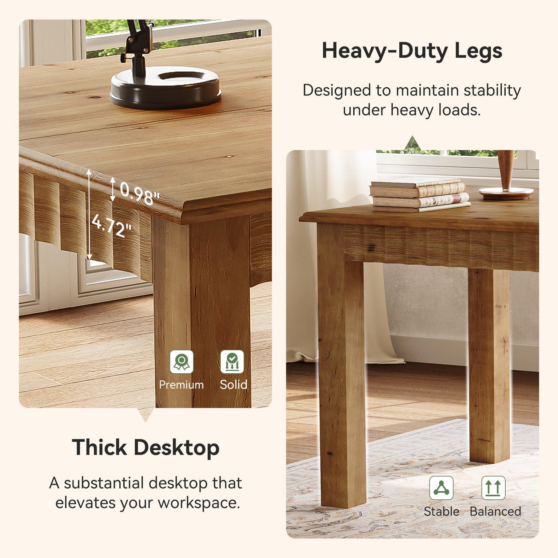 Tribesigns Bureau en bois massif 160 cm, Grand bureau d'ordinateur avec pieds robustes en bois, bureau pour bureau à domicile