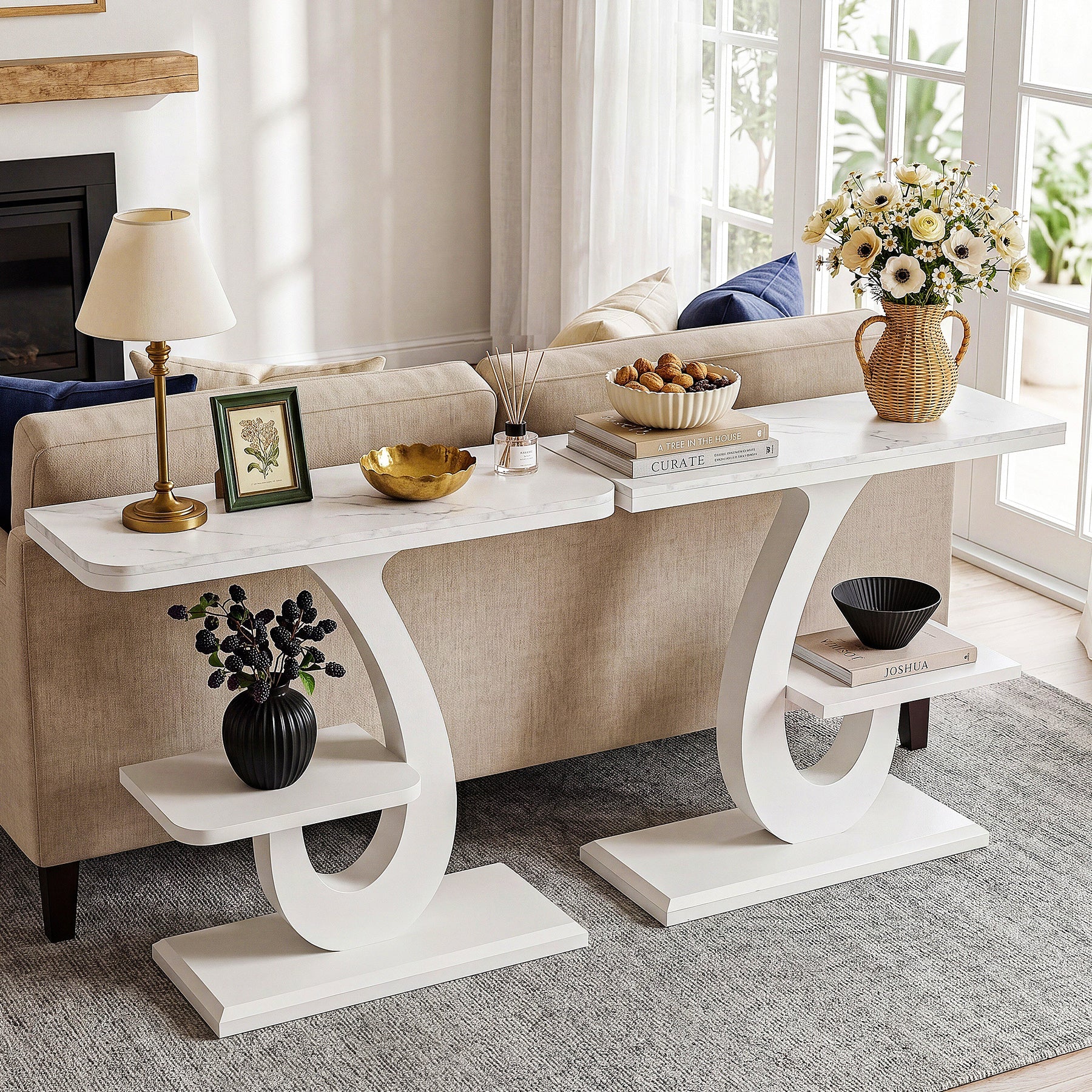 Console blanche de 100 cm, Table d'entrée étroite effet marbre avec étagère