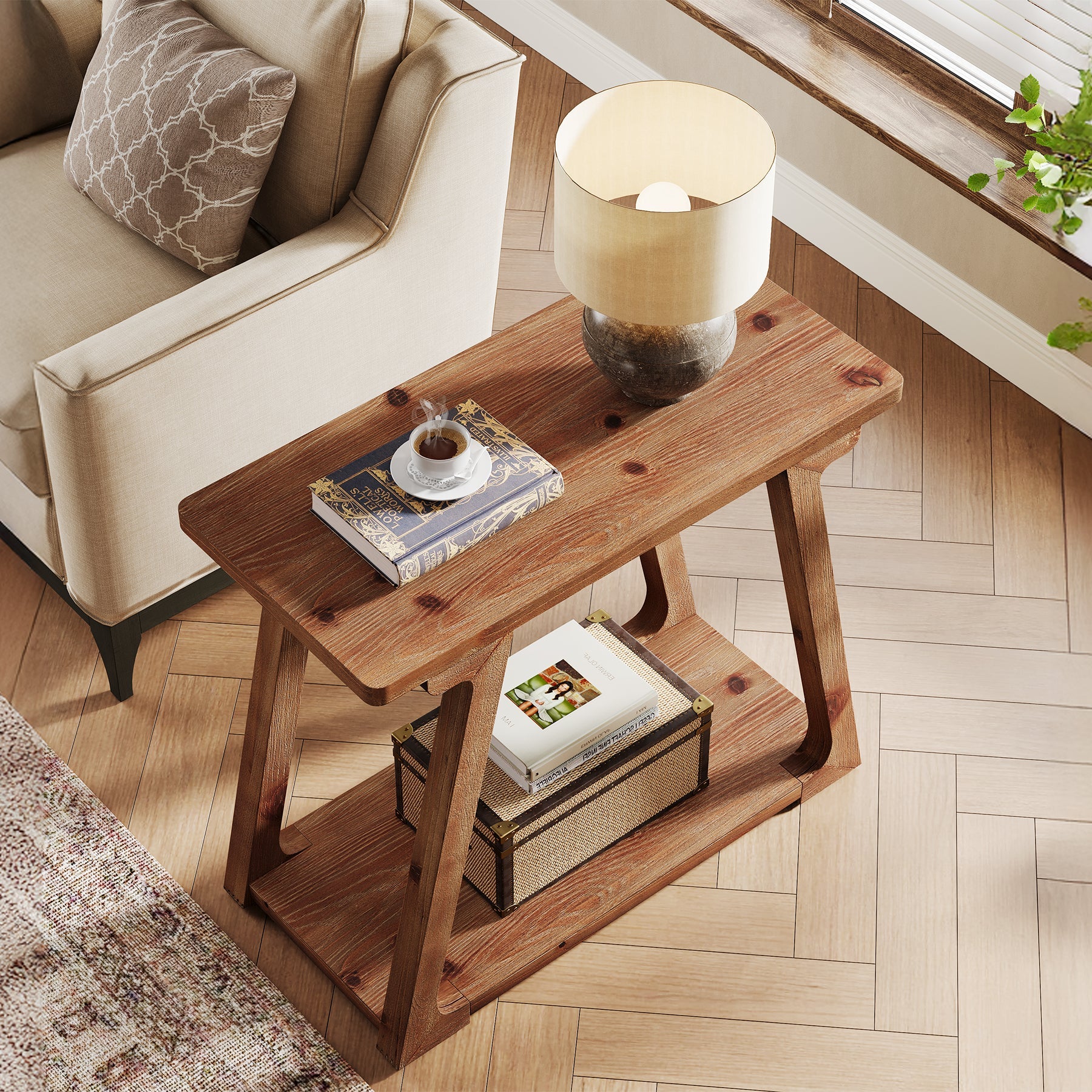 Tribesigns Table d'appoint en bois massif 2 niveaux, Table de chevet étroite de style champêtre