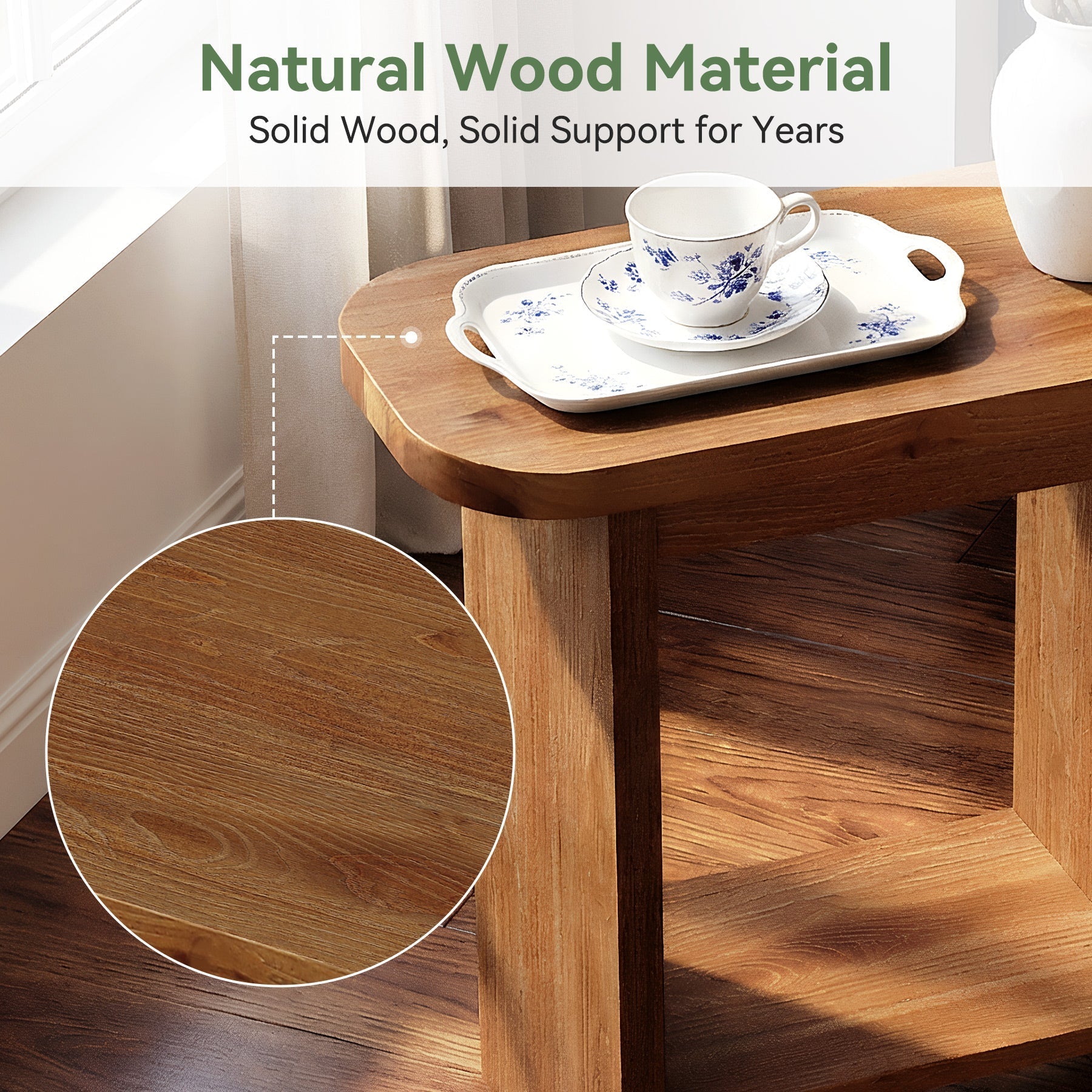 Table d'appoint en bois massif en forme de H à deux niveaux avec étagère de rangement