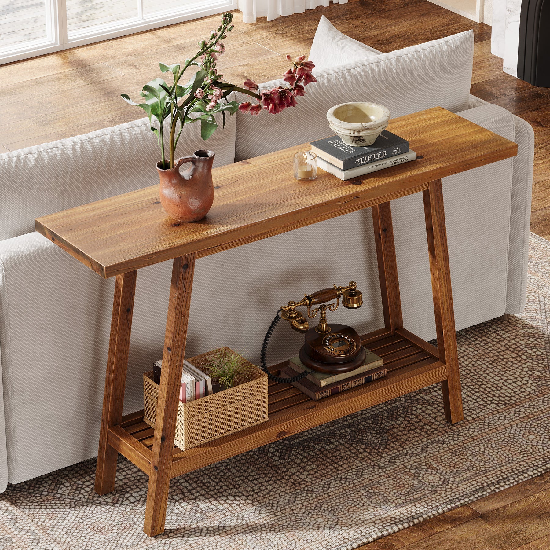 Tribesigns Console en bois massif 105 cm de large avec étagère, Table basse avec rangement style champêtre