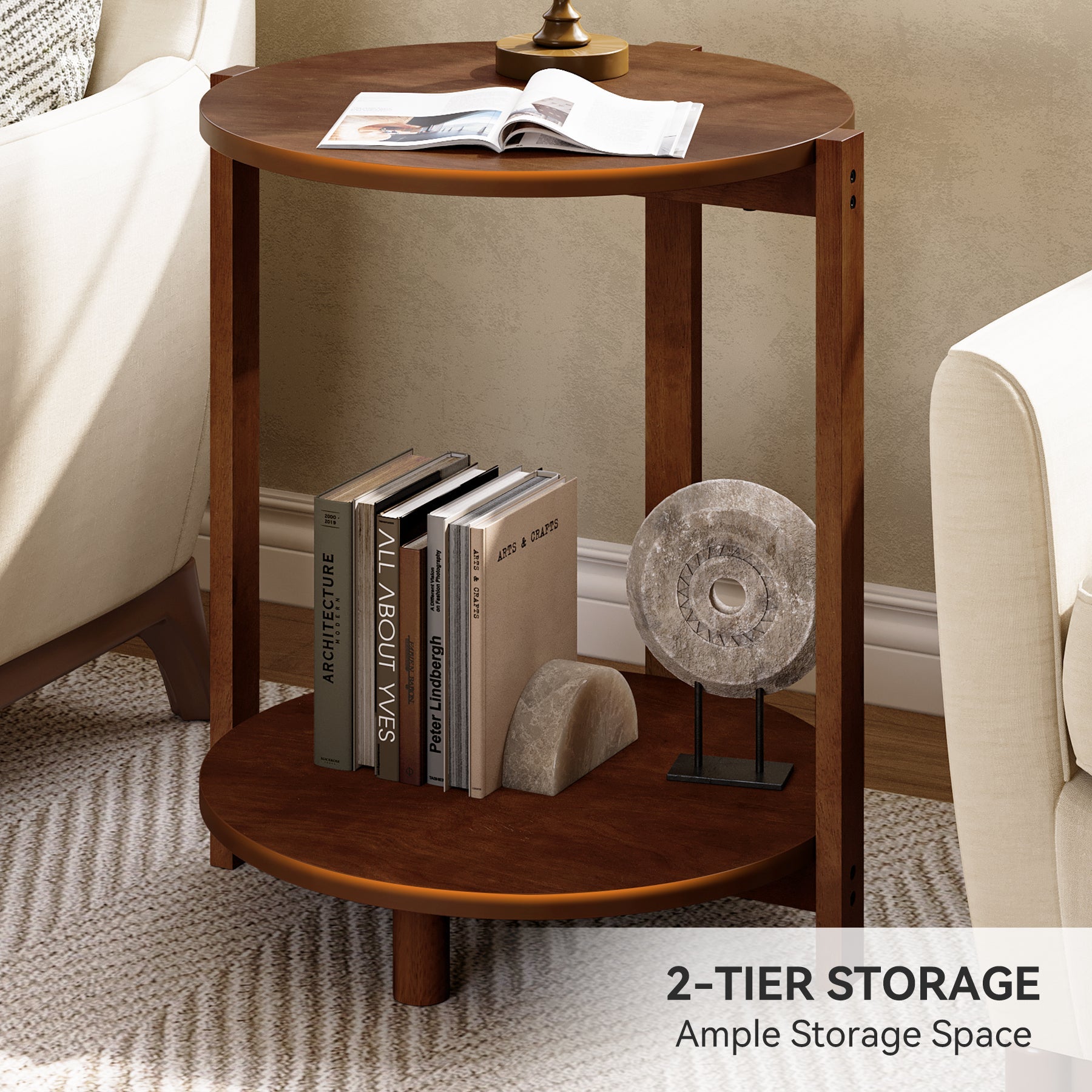Tribesigns Table d'appoint ronde en bois massif 48 cm, Petite table de chevet à 2 niveaux avec étagère