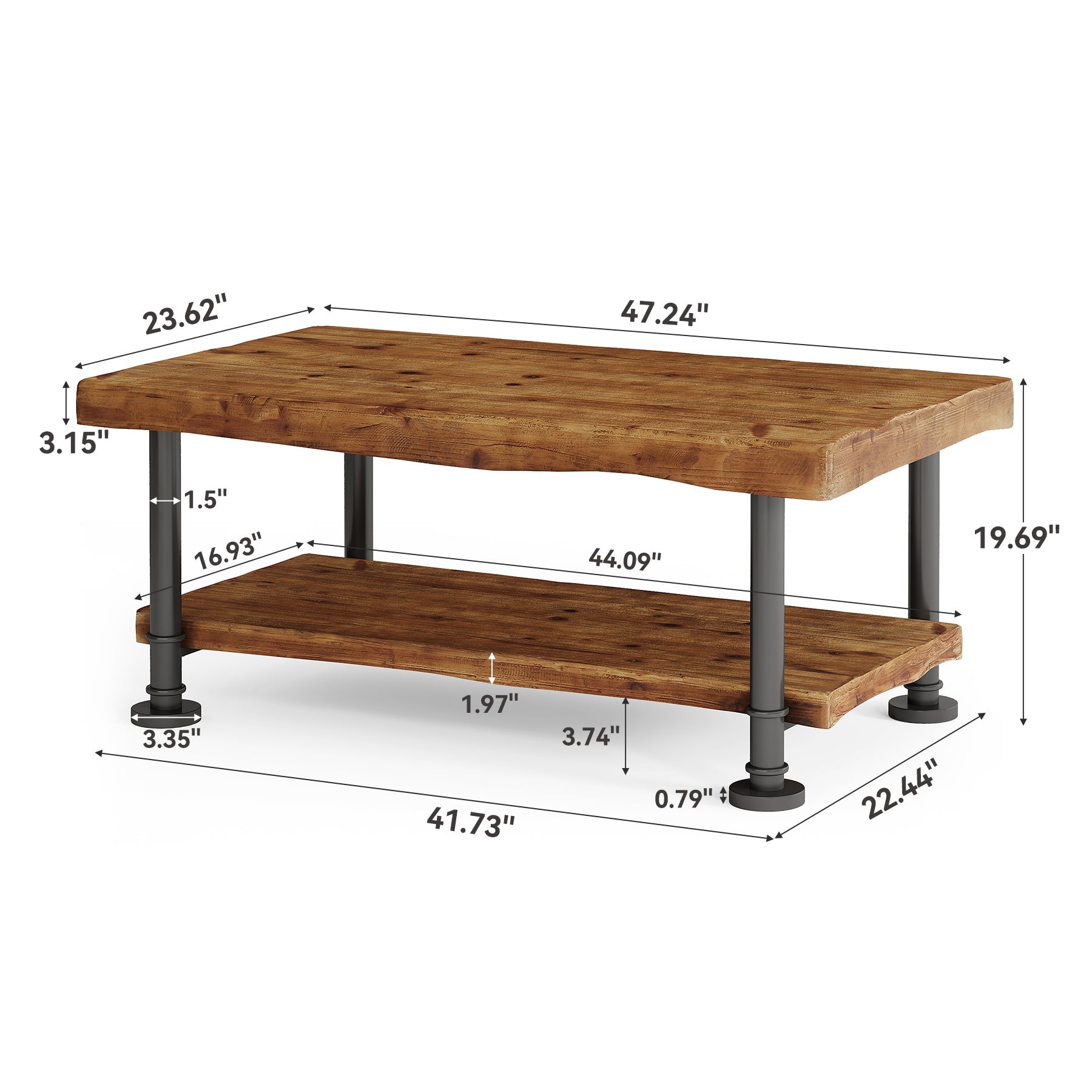 Tribesigns Table basse rectangulaire 120 cm 2 niveaux en bois massif avec bords naturels et pieds en métal
