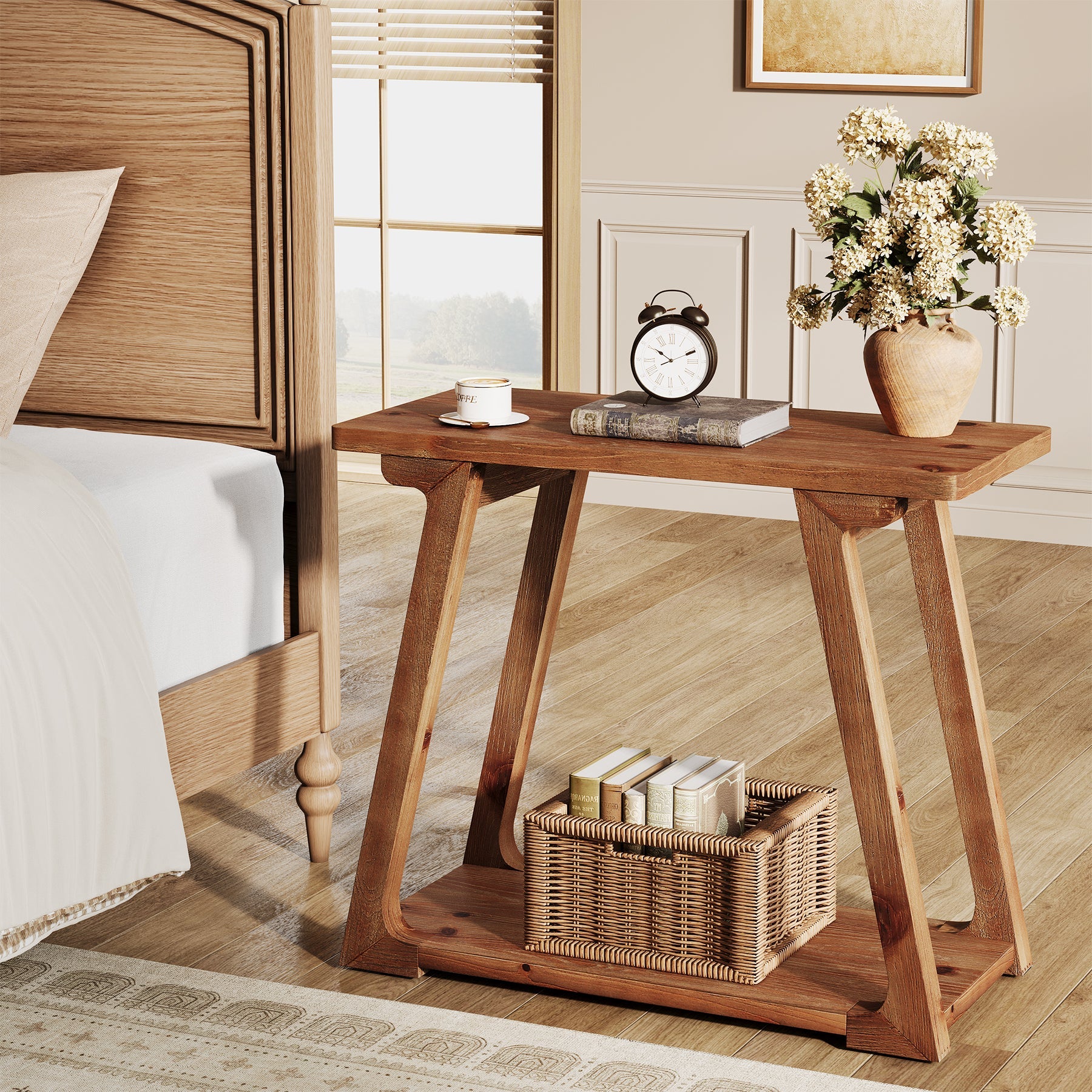 Tribesigns Table d'appoint en bois massif 2 niveaux, Table de chevet étroite de style champêtre