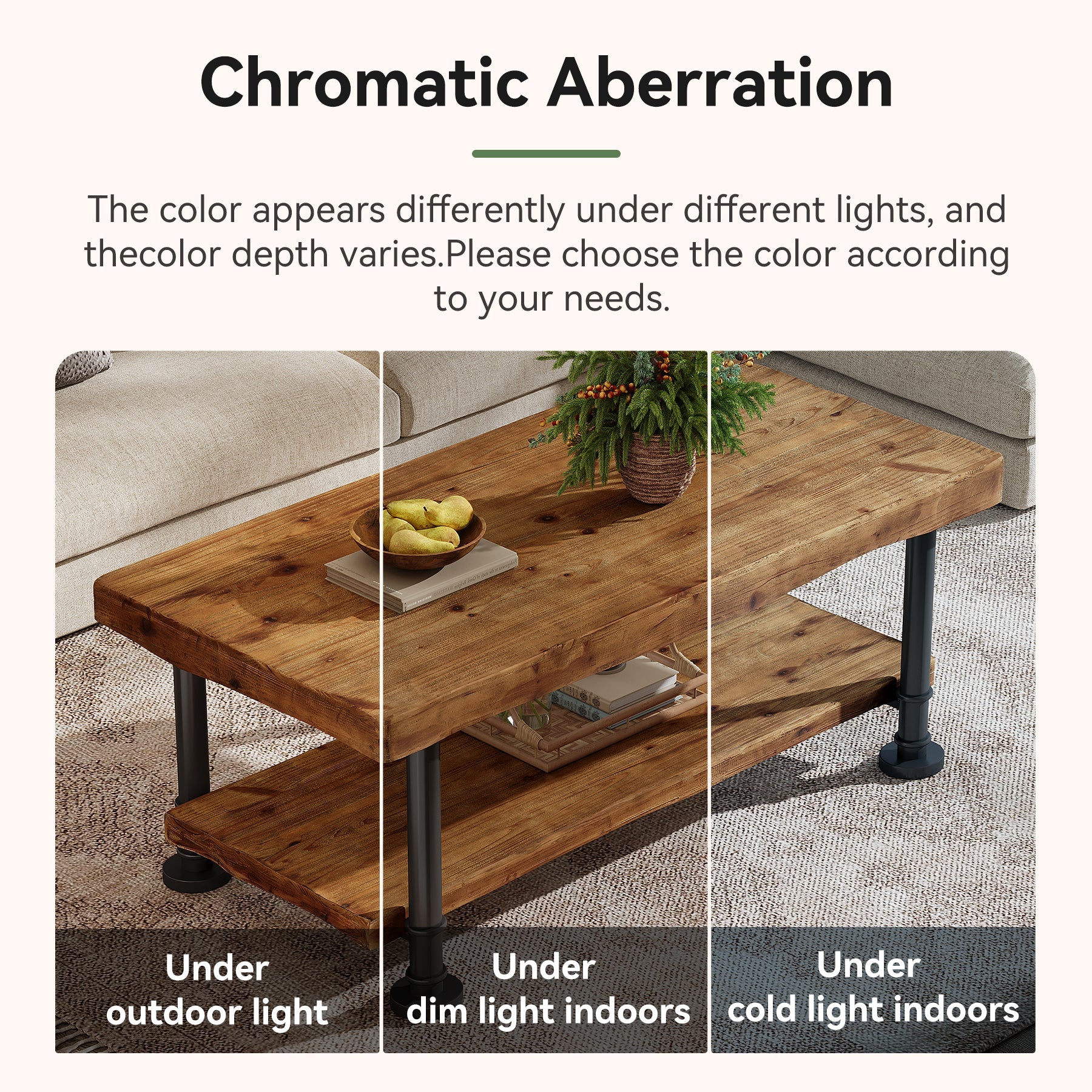 Tribesigns Table basse rectangulaire 120 cm 2 niveaux en bois massif avec bords naturels et pieds en métal
