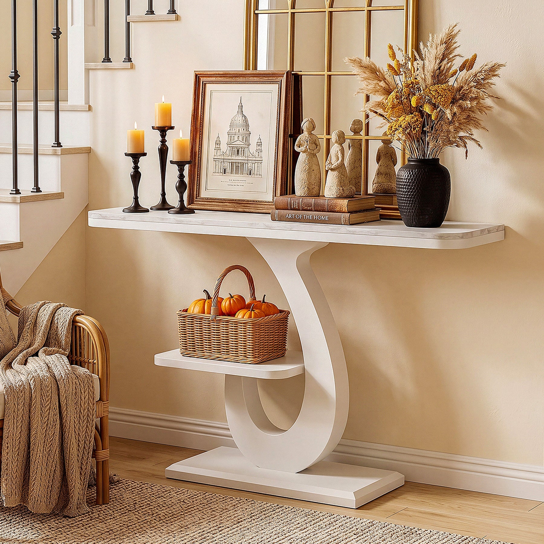 Console blanche de 100 cm, Table d'entrée étroite effet marbre avec étagère