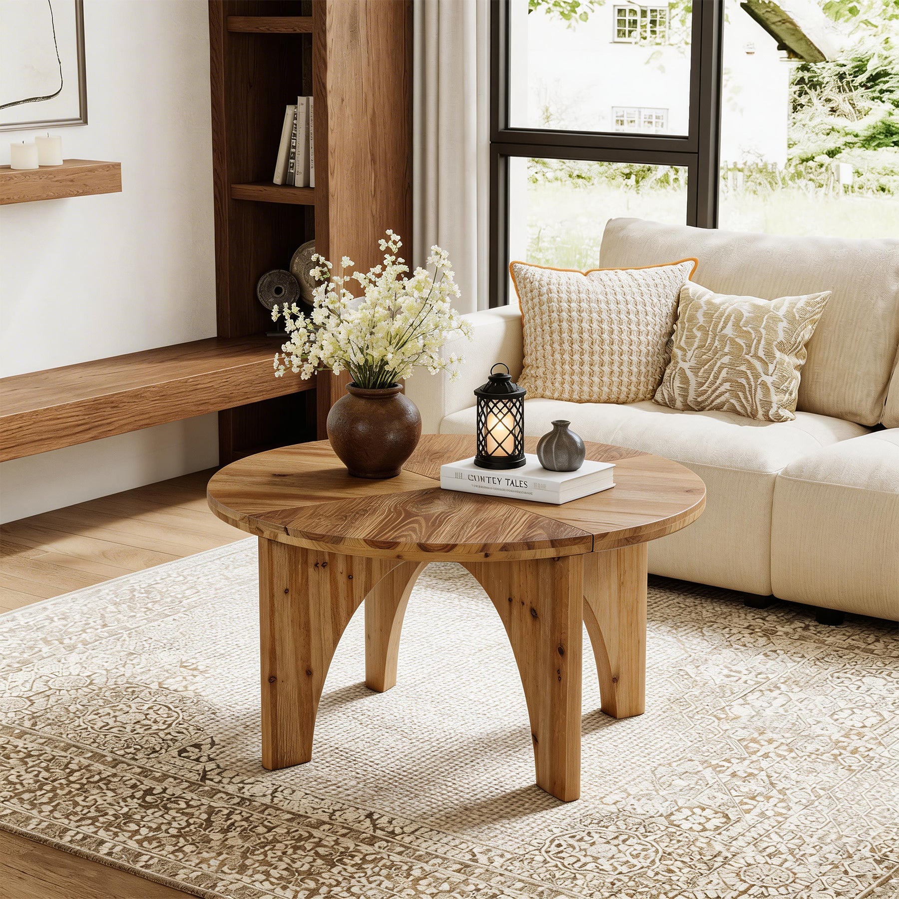 Tribesigns Table basse ronde en bois massif 80 cm, Style campagnard avec pieds incurvés