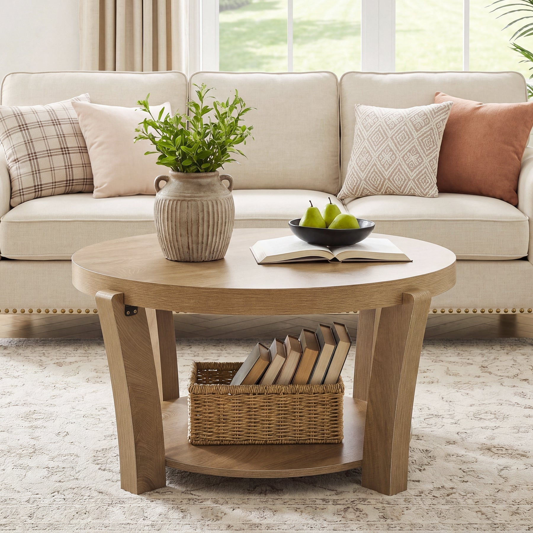 Tribesigns Table basse ronde de 80 cm avec rangement à deux niveaux, Table basse en bois pour salon
