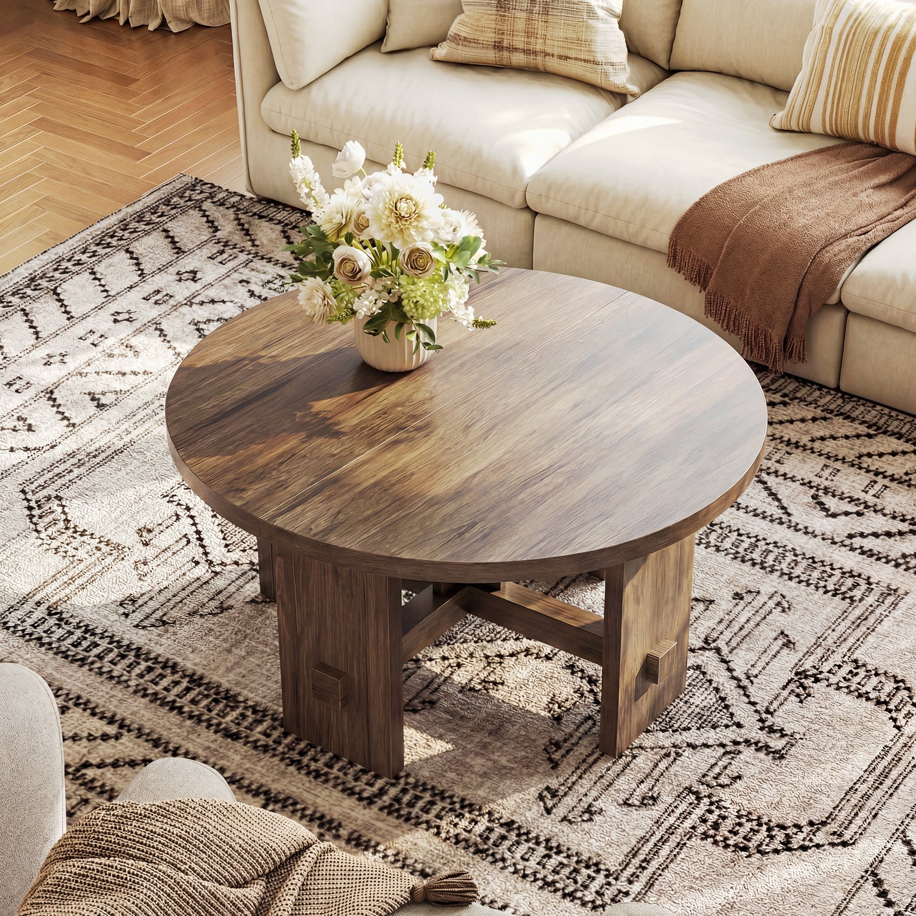 Tribesigns Table basse ronde de 80 cm avec piètement, Petite table de style campagnard