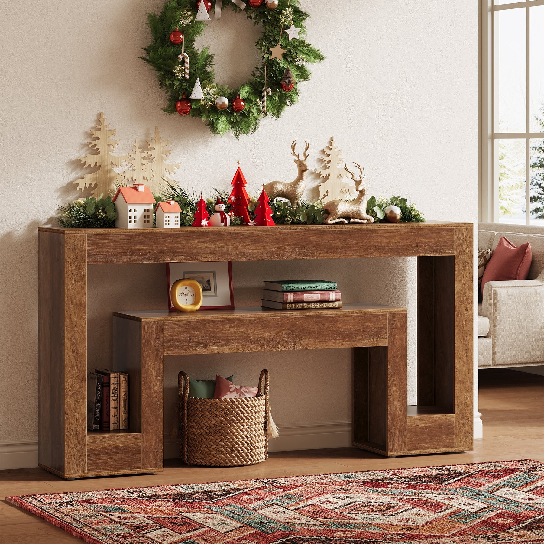 Tribesigns Console étroite de 160 cm, Table d'appoint rustique à 2 niveaux