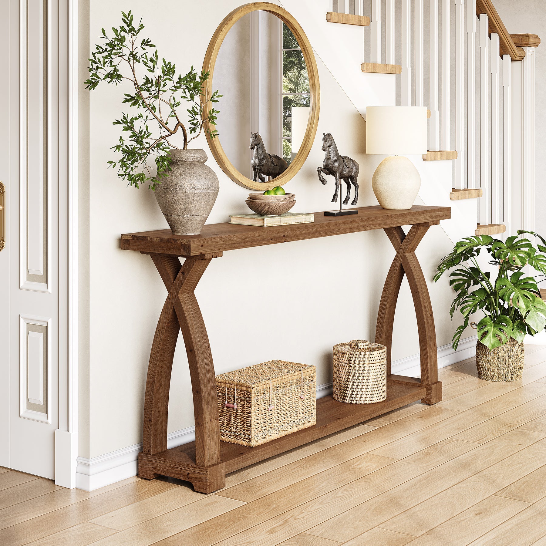 160 x 30 cm Tribesigns massief houten consoletafel met 2-laags opbergplank, smalle sidetable achter de bank