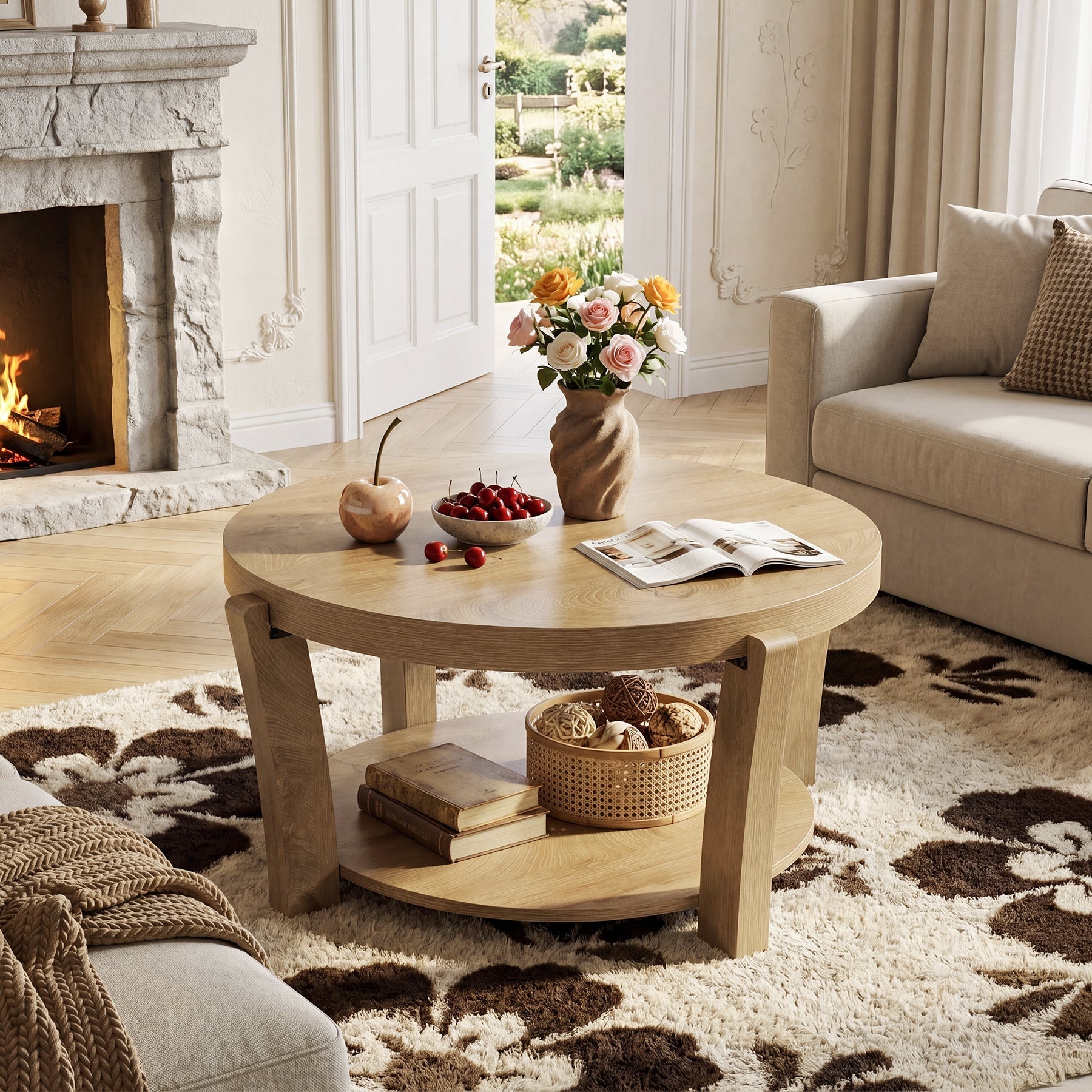 Tribesigns Table basse ronde de 80 cm avec rangement à deux niveaux, Table basse en bois pour salon