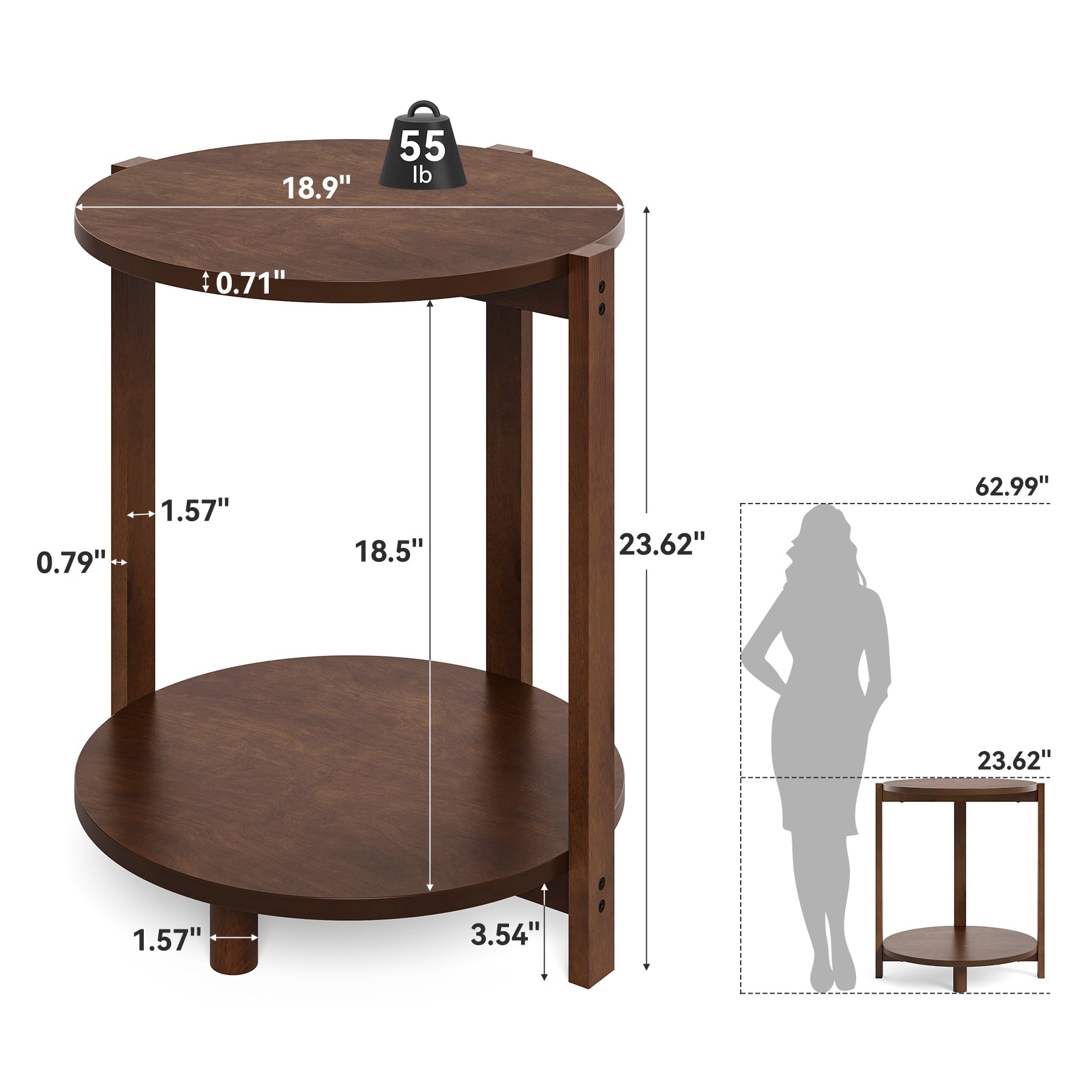 Tribesigns Table d'appoint ronde en bois massif 48 cm, Petite table de chevet à 2 niveaux avec étagère
