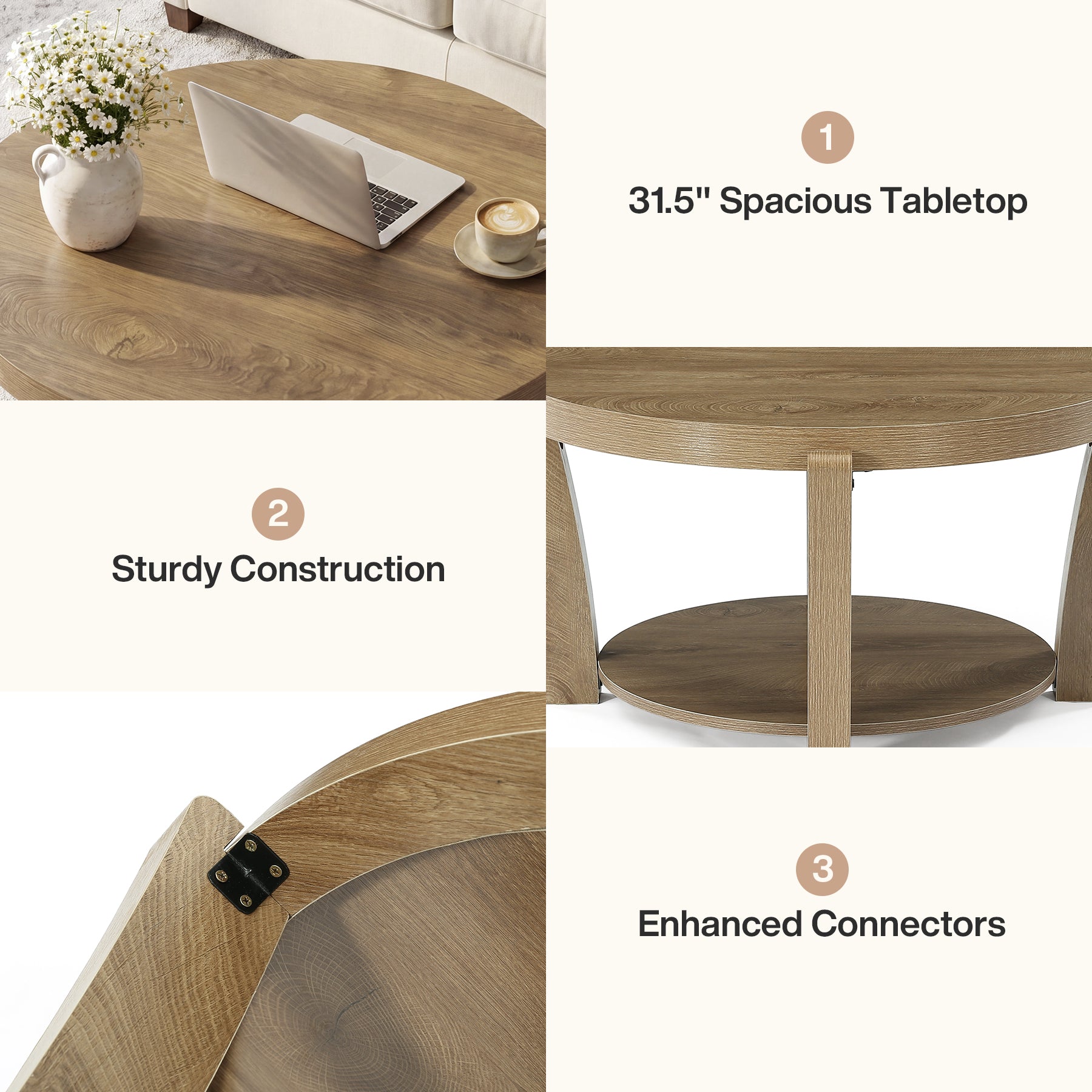 Tribesigns Table basse ronde de 80 cm avec rangement à deux niveaux, Table basse en bois pour salon