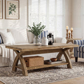 Table basse rectangulaire en bois massif avec étagère et piètement en X, idéale pour le salon 3