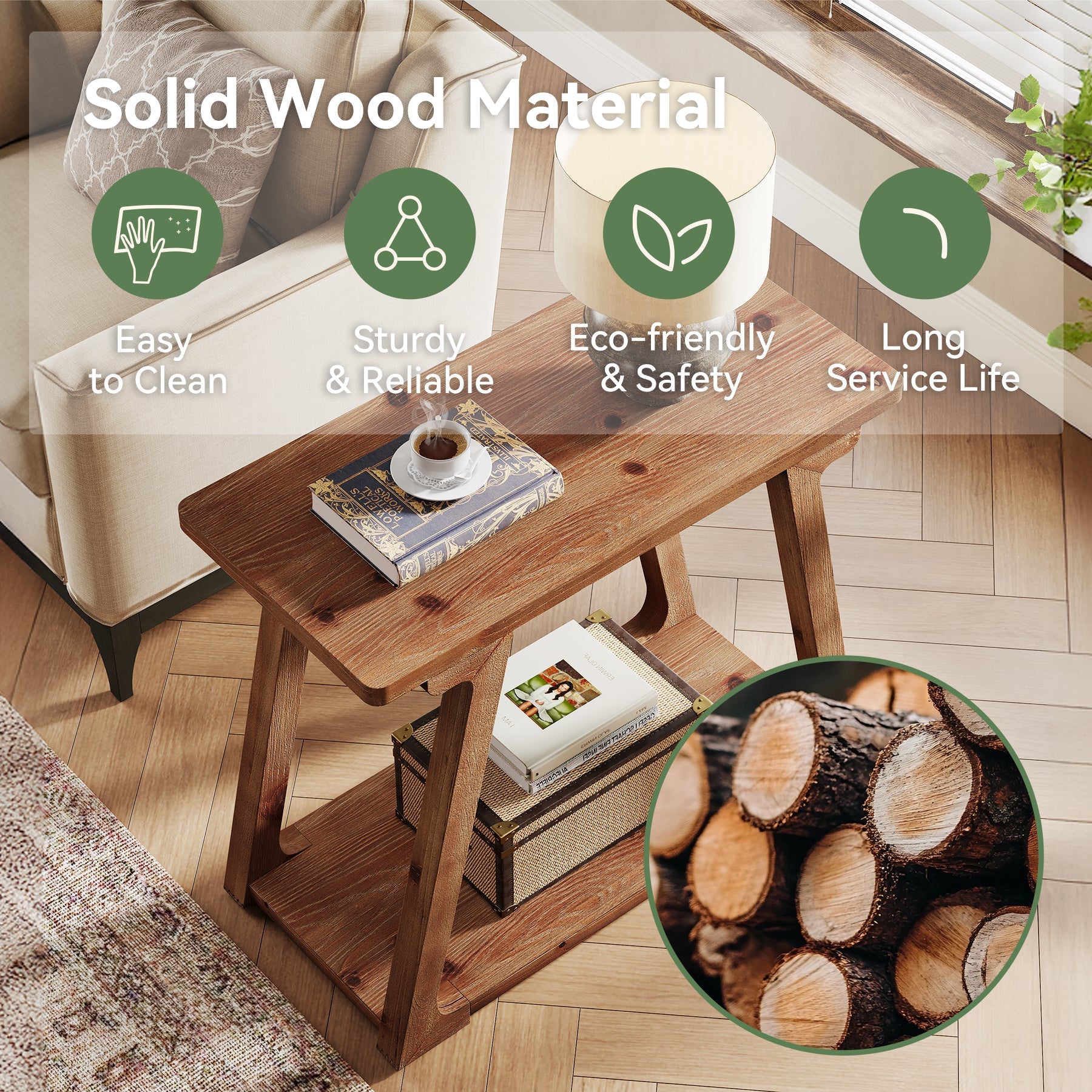 Tribesigns Table d'appoint en bois massif 2 niveaux, Table de chevet étroite de style champêtre