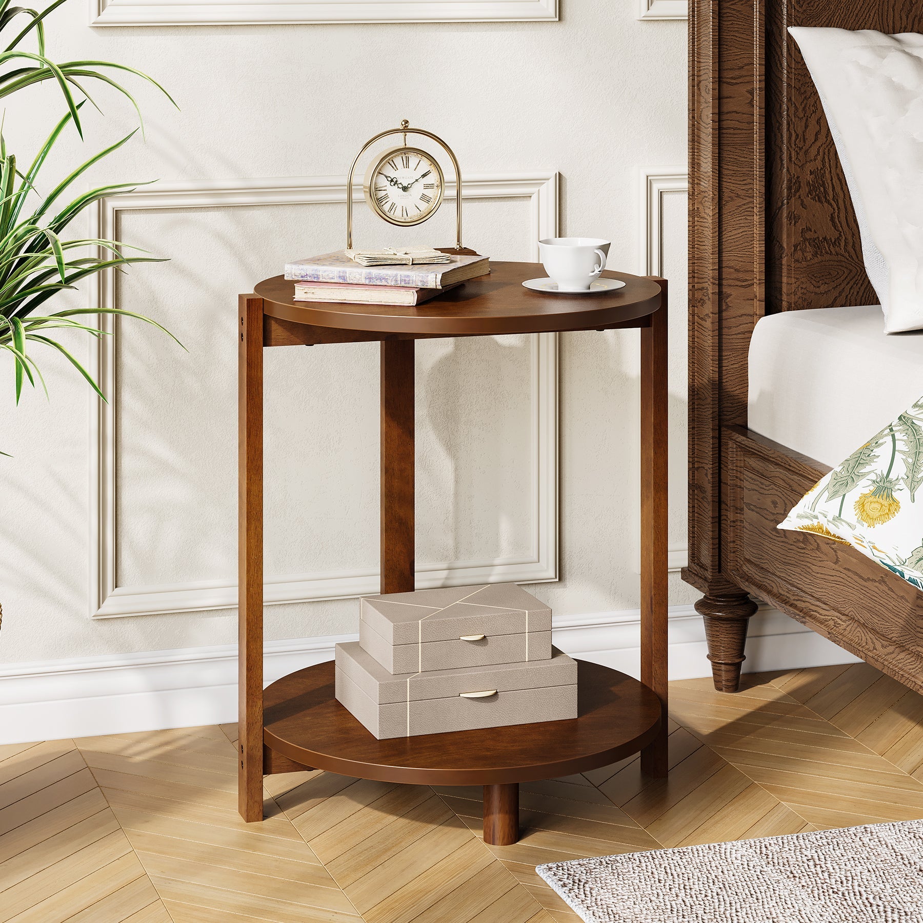 Tribesigns Table d'appoint ronde en bois massif 48 cm, Petite table de chevet à 2 niveaux avec étagère