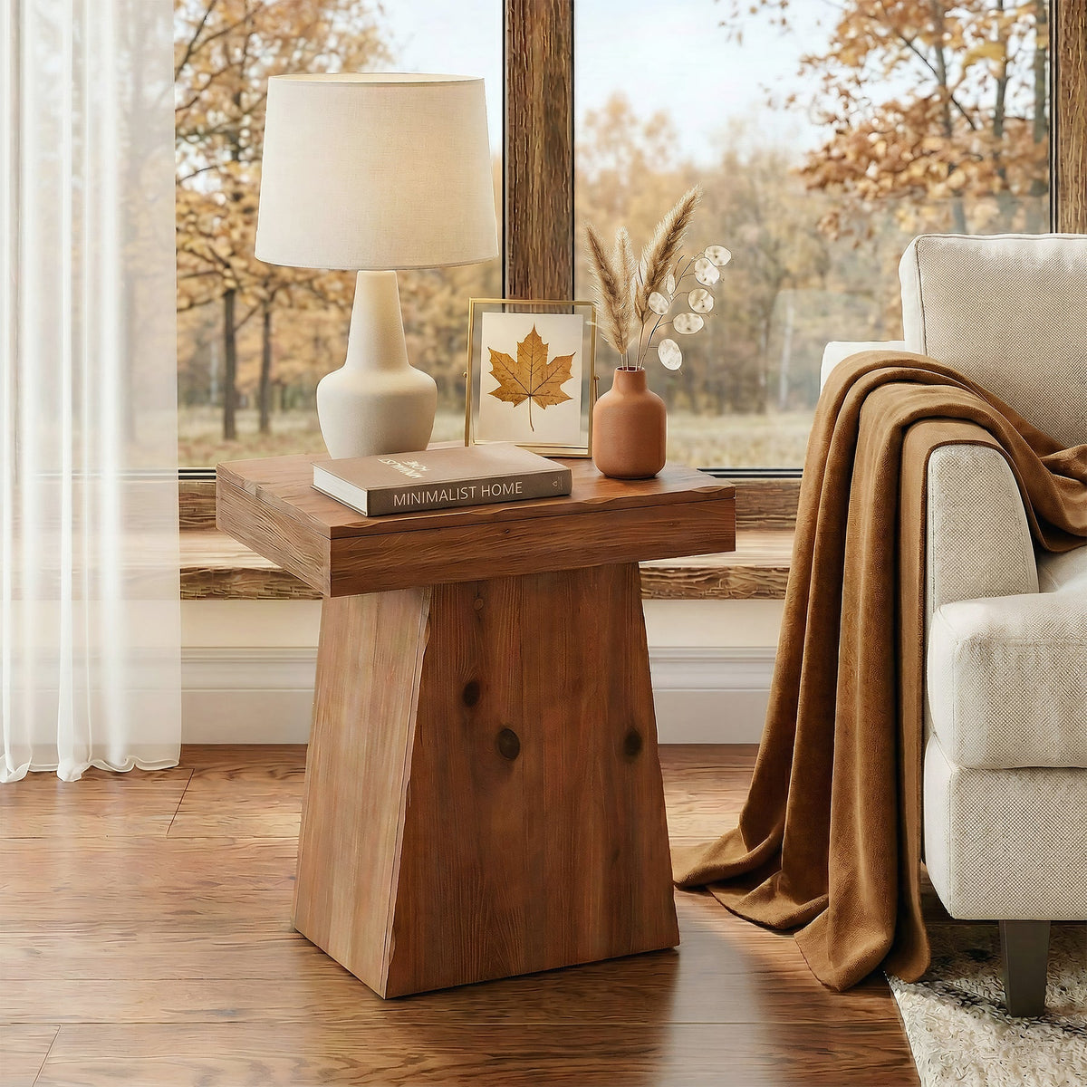 Tribesigns Table d'appoint en bois massif (60 cm), Table en bois avec piètement trapézoïdal