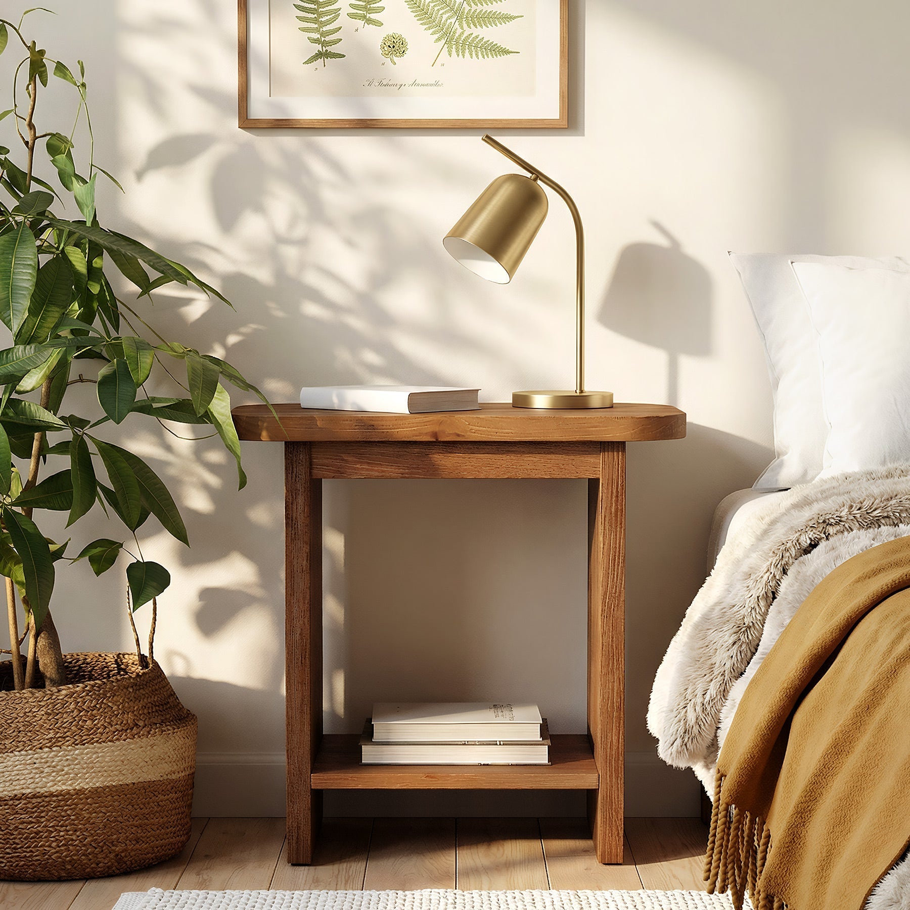 Table d'appoint en bois massif en forme de H à deux niveaux avec étagère de rangement