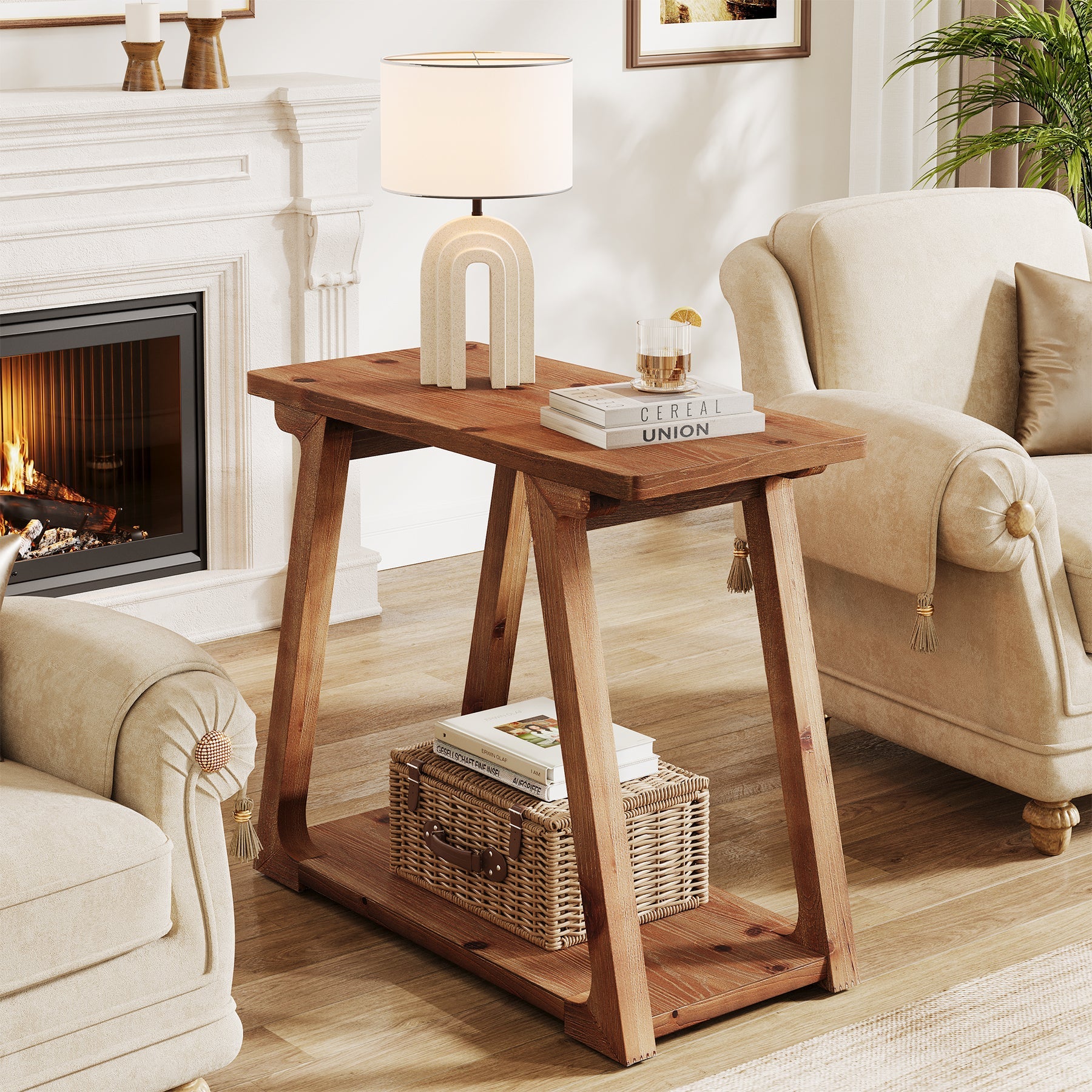 Tribesigns Table d'appoint en bois massif 2 niveaux, Table de chevet étroite de style champêtre