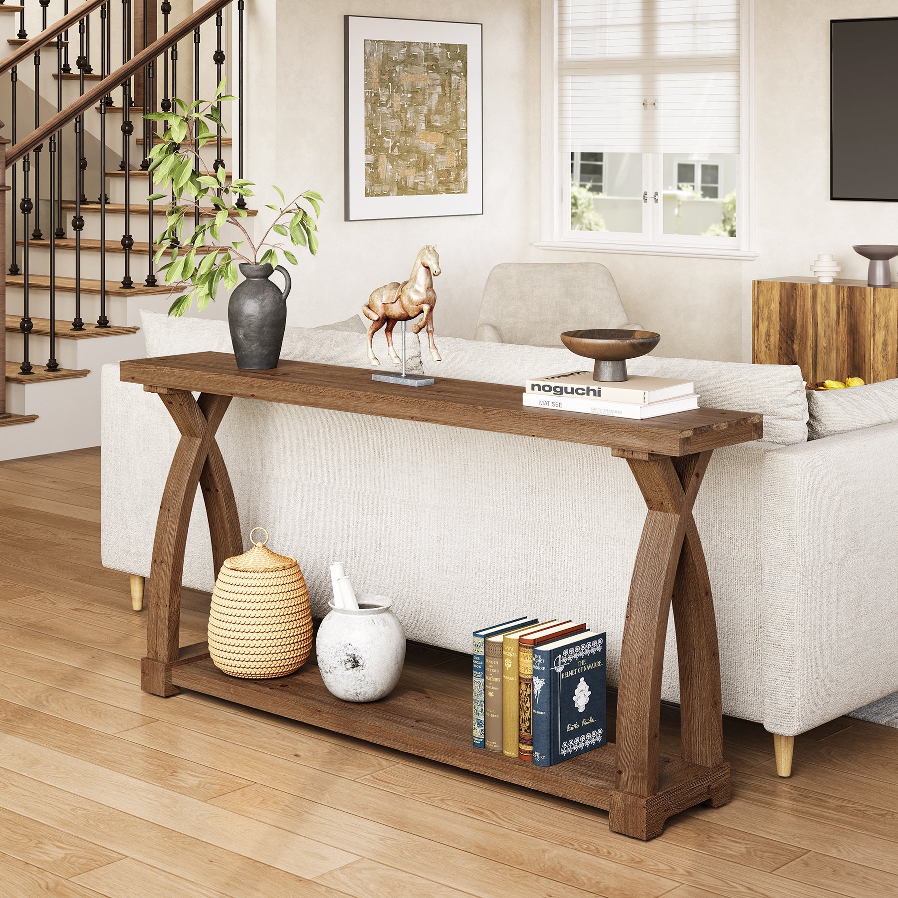 160 x 30 cm Tribesigns massief houten consoletafel met 2-laags opbergplank, smalle sidetable achter de bank