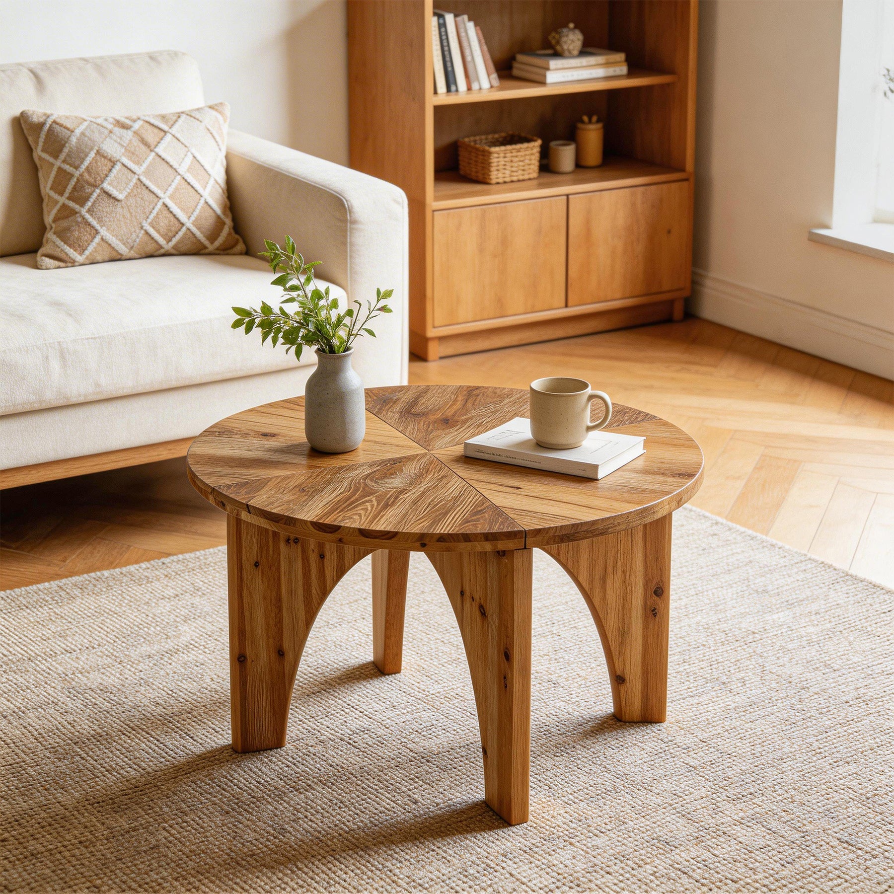 Tribesigns Table basse ronde en bois massif 80 cm, Style campagnard avec pieds incurvés