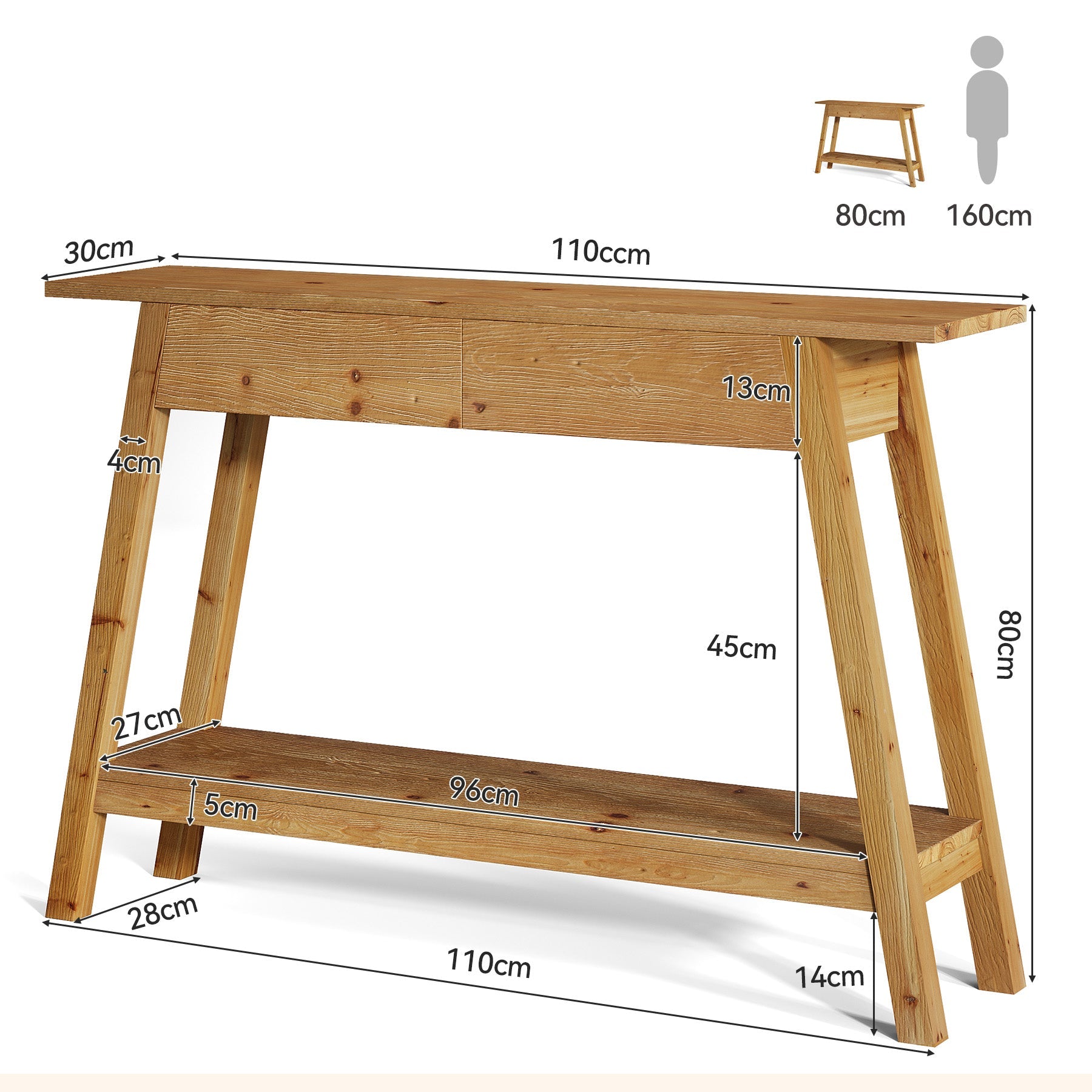 Tribesigns Console en bois massif 110 cm avec 2 tiroirs, Table d'entrée étroite avec étagère