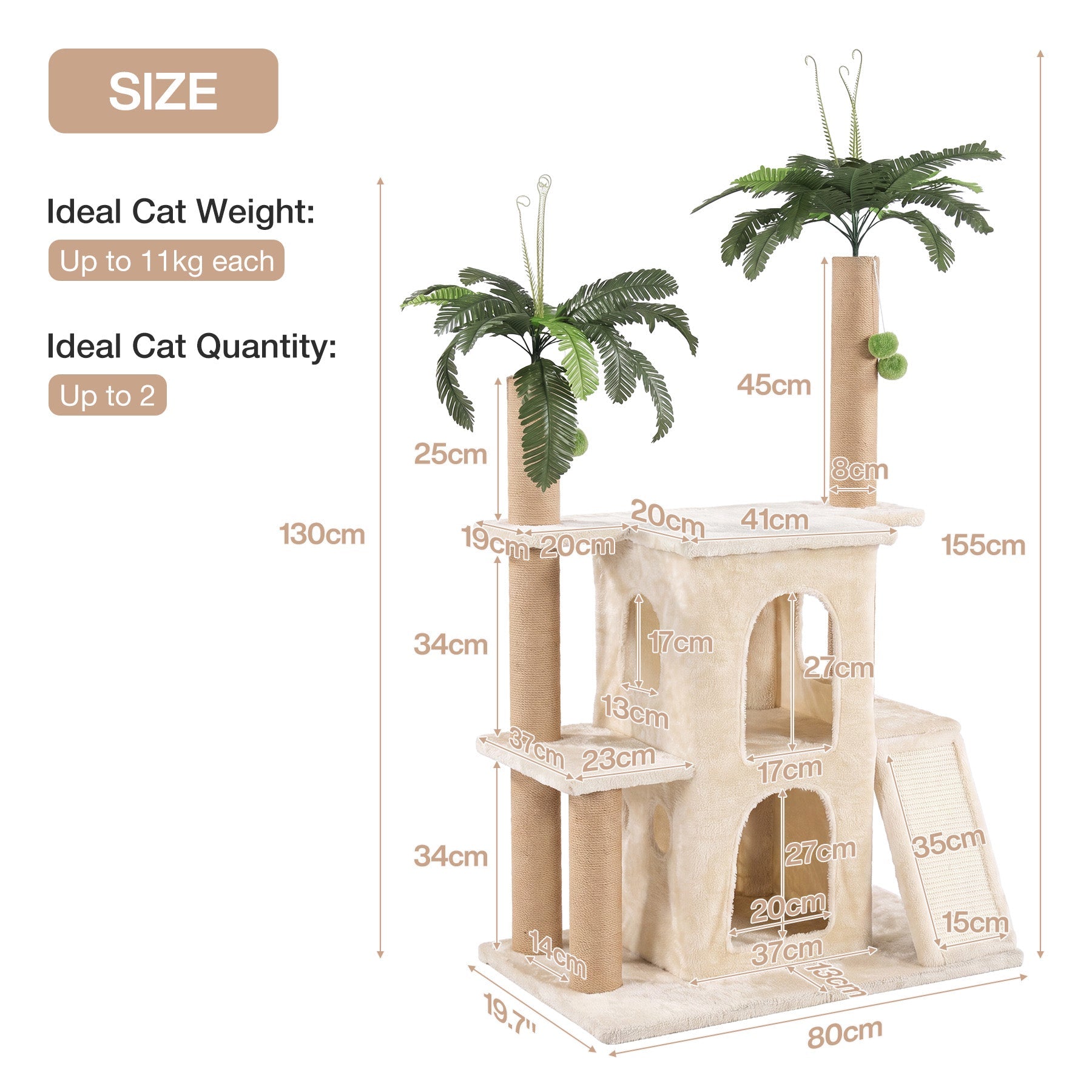 Tribesigns Arbre à chat avec 2 niches en peluche et poteaux en sisal, Grand arbre à chat pour plusieurs chats d'intérieur