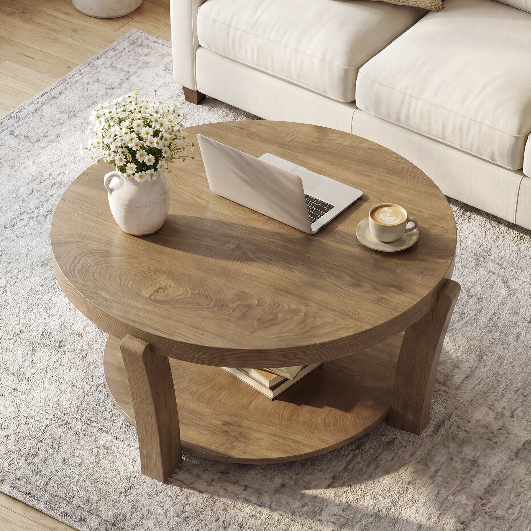 Tribesigns Table basse ronde de 80 cm avec rangement à deux niveaux, Table basse en bois pour salon