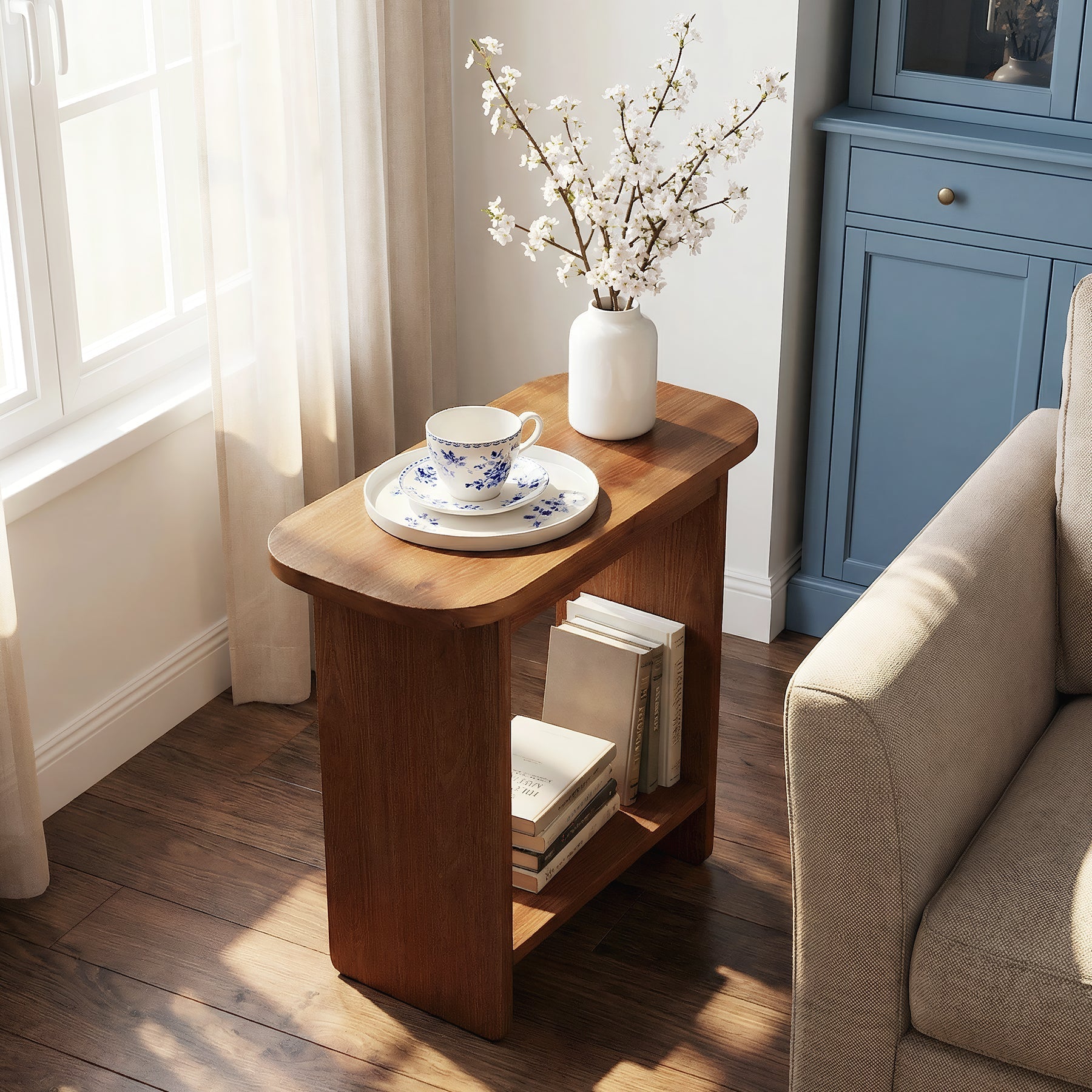 Table d'appoint en bois massif en forme de H à deux niveaux avec étagère de rangement