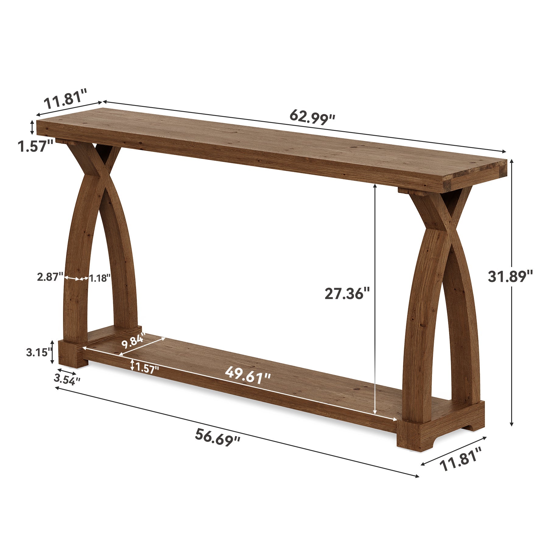 160 x 30 cm Tribesigns massief houten consoletafel met 2-laags opbergplank, smalle sidetable achter de bank