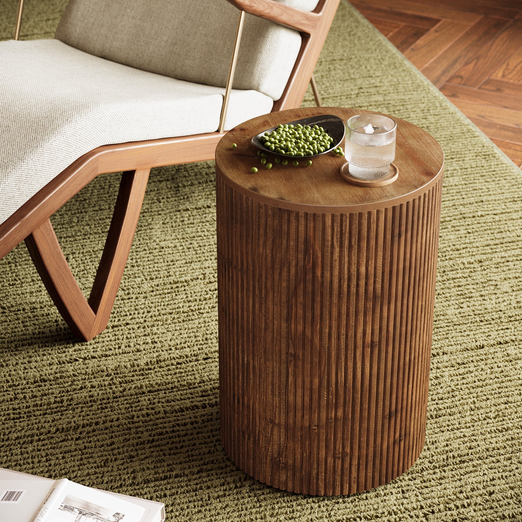 Table d'appoint ronde en bois massif avec rangement, Table d'appoint rainurée à monter soi-même, avec 4 roulettes